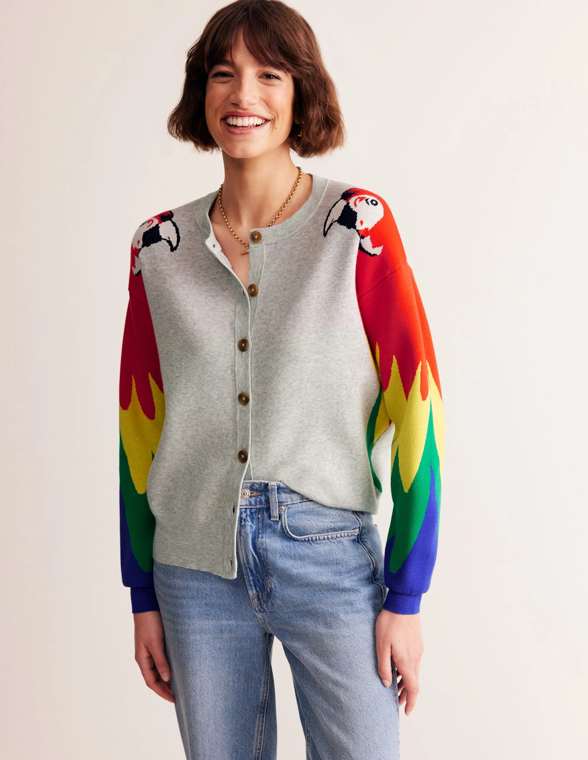 Originelle Strickjacke-Blassgrau Meliert, Papageien - Image 4