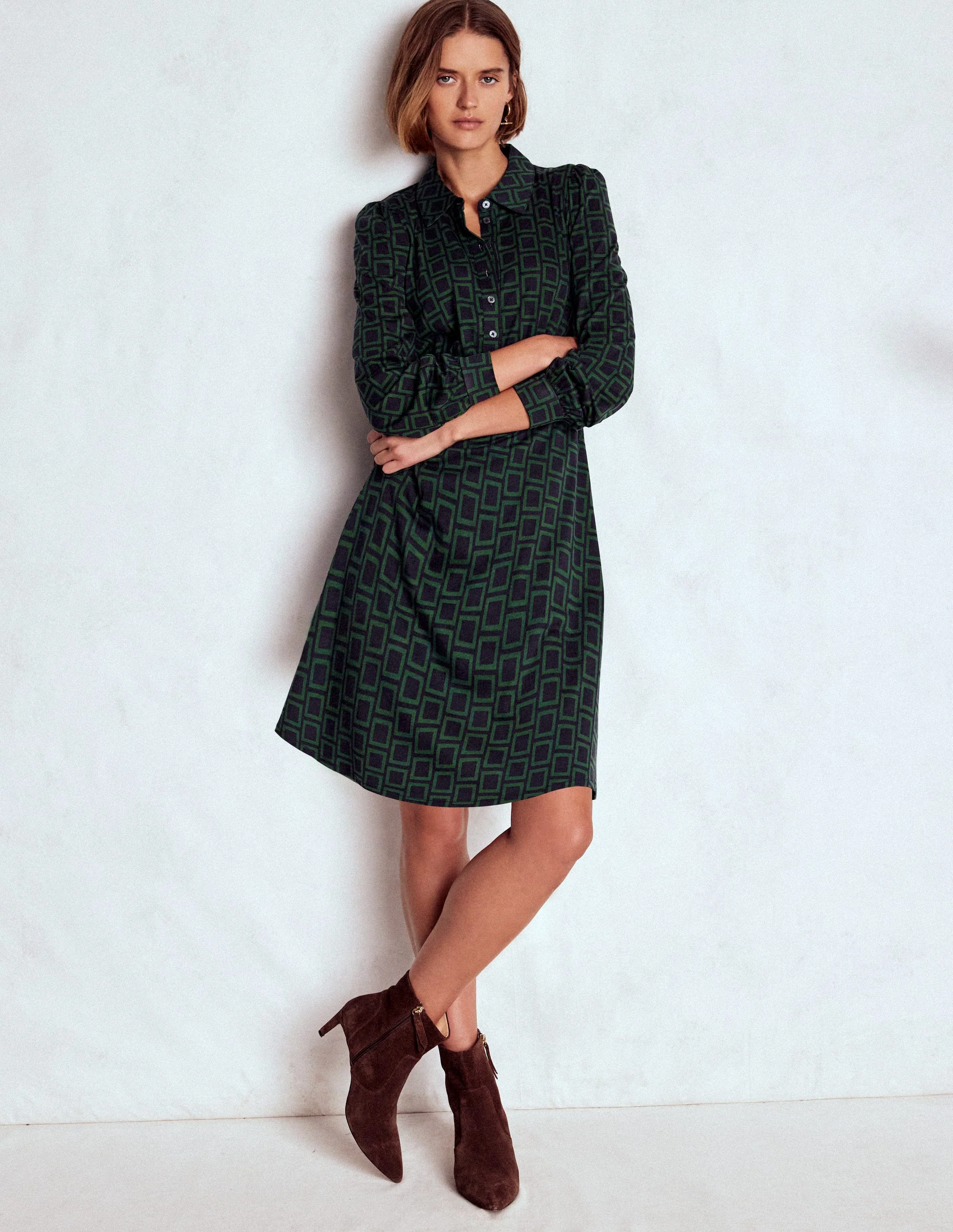 Orla Kurzes Jersey-Hemdblusenkleid-Dunkelgrün, Quadrat Geometrisch