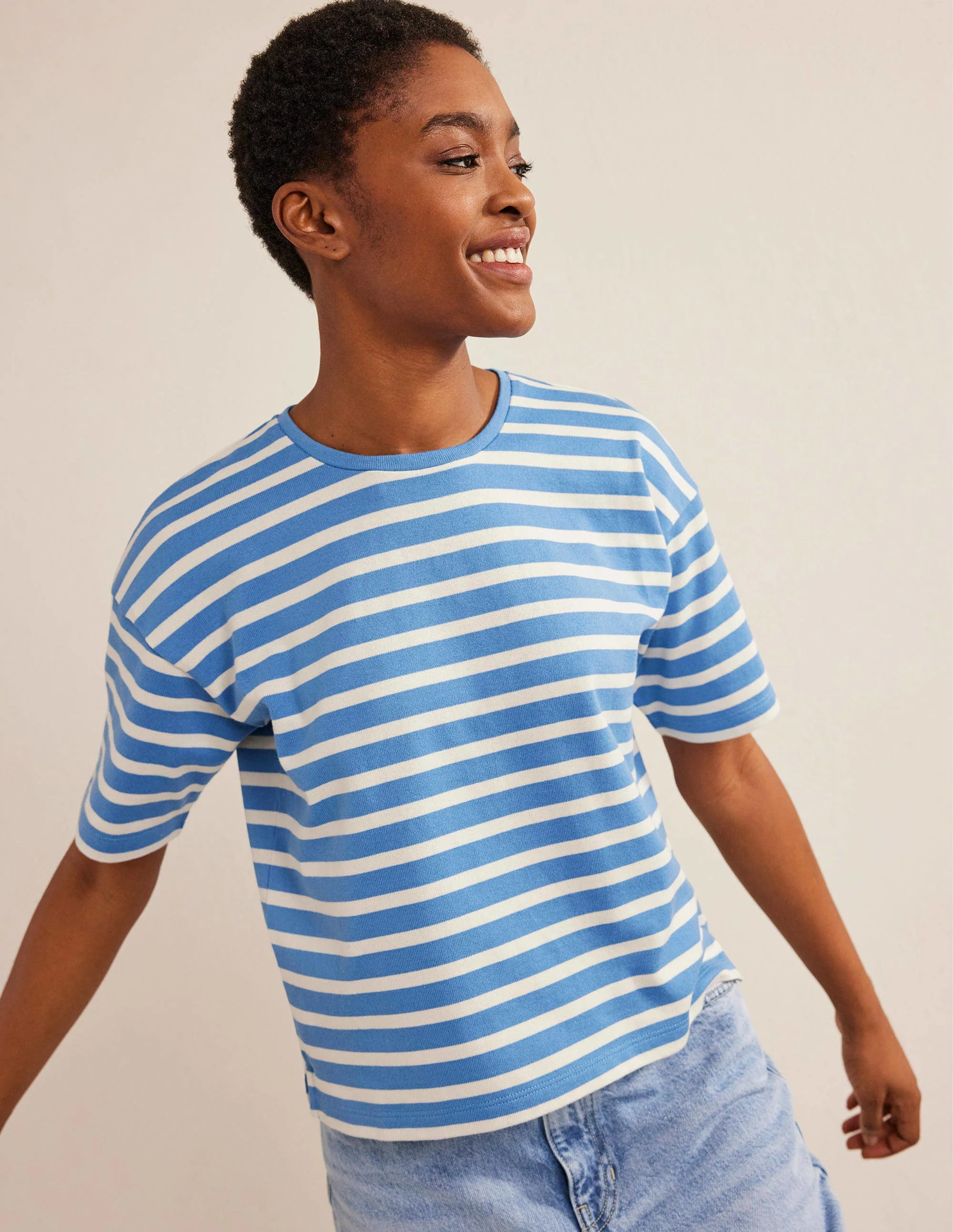 Oversize Breton-T-Shirt-Porzellanblau/Naturweiß, Gestreift