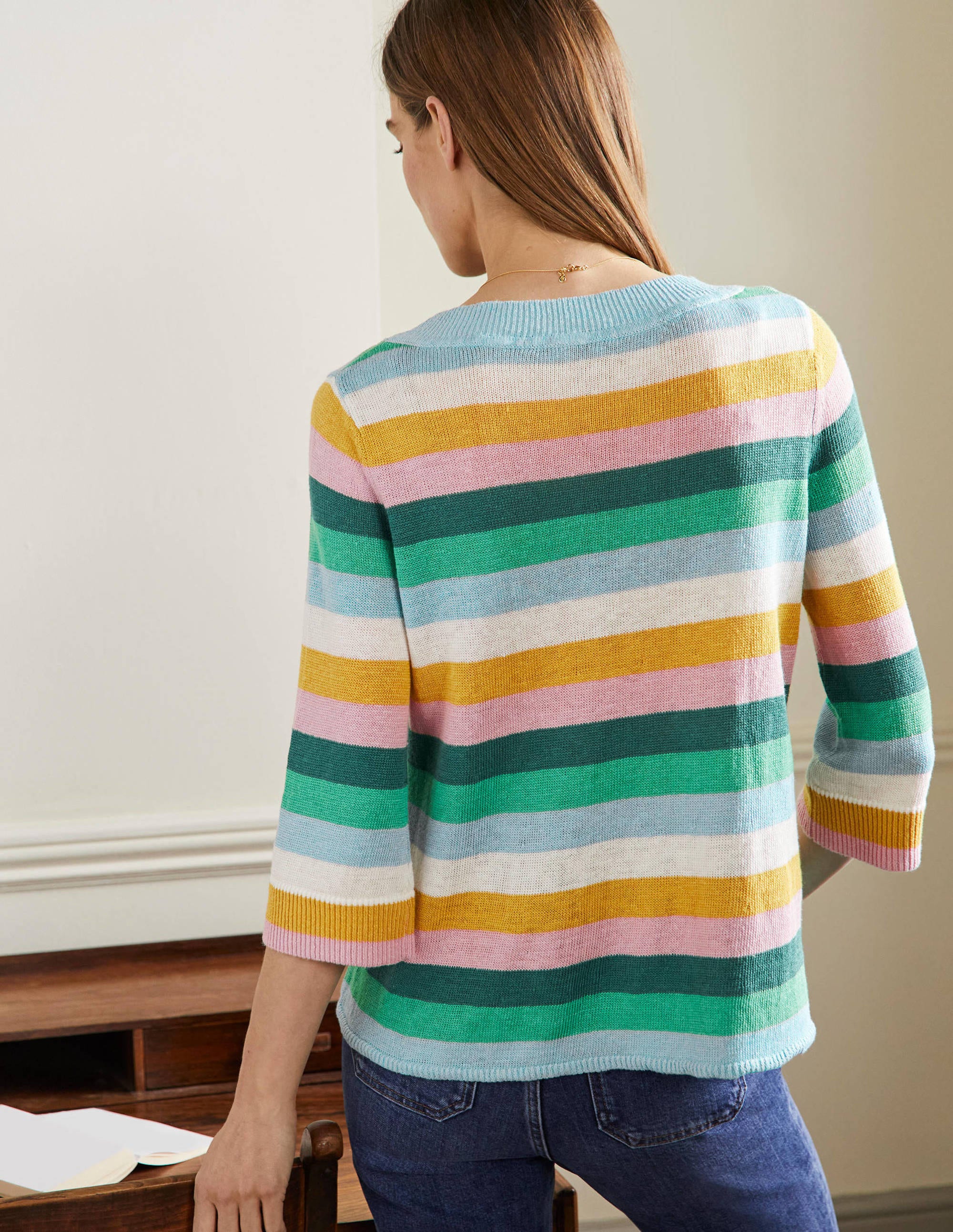Oversize-Pullover aus Leinen-Waldgrün/Grün, Regenbogenstreifen - Image 3
