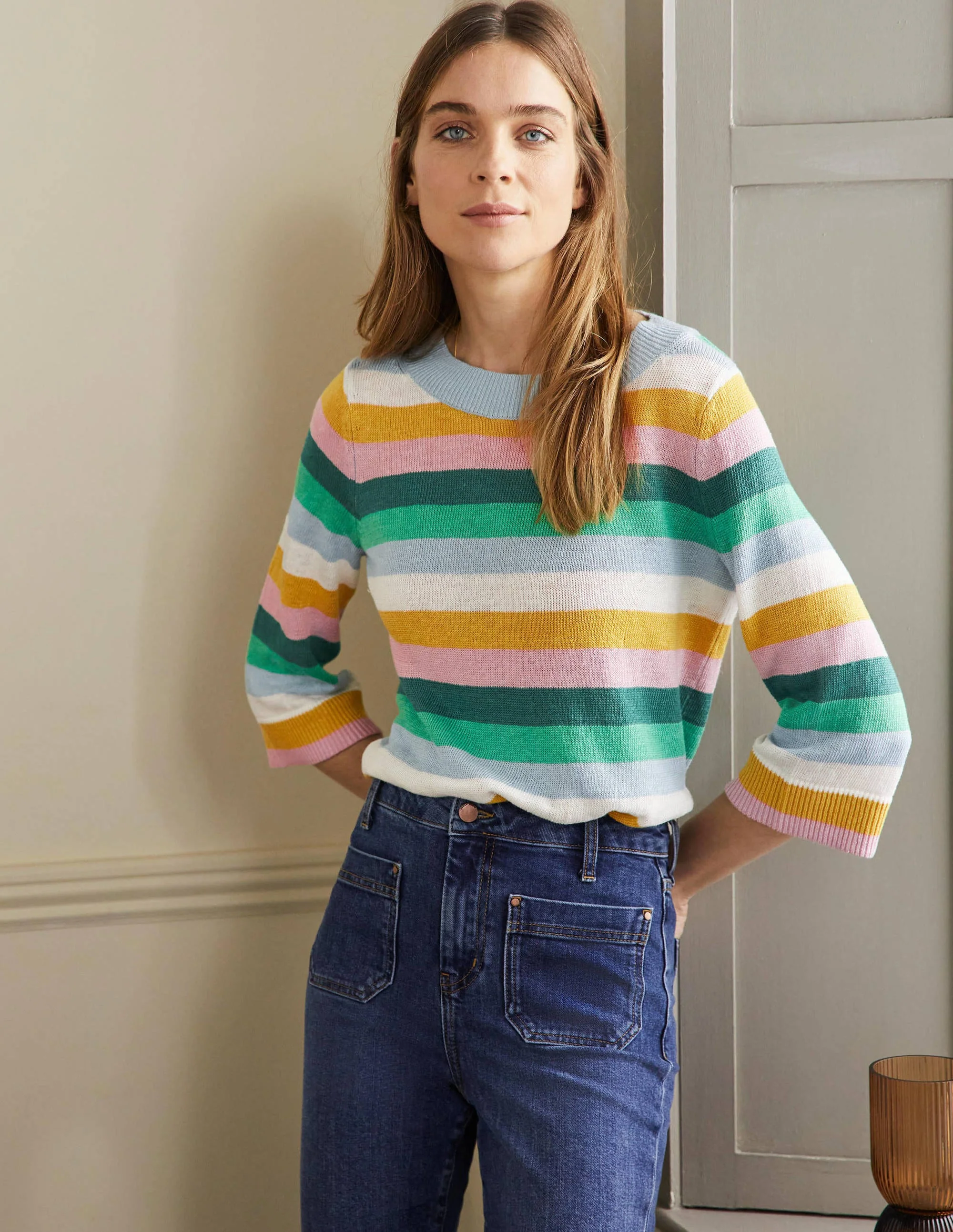 Oversize-Pullover aus Leinen-Waldgrün/Grün, Regenbogenstreifen - Image 4