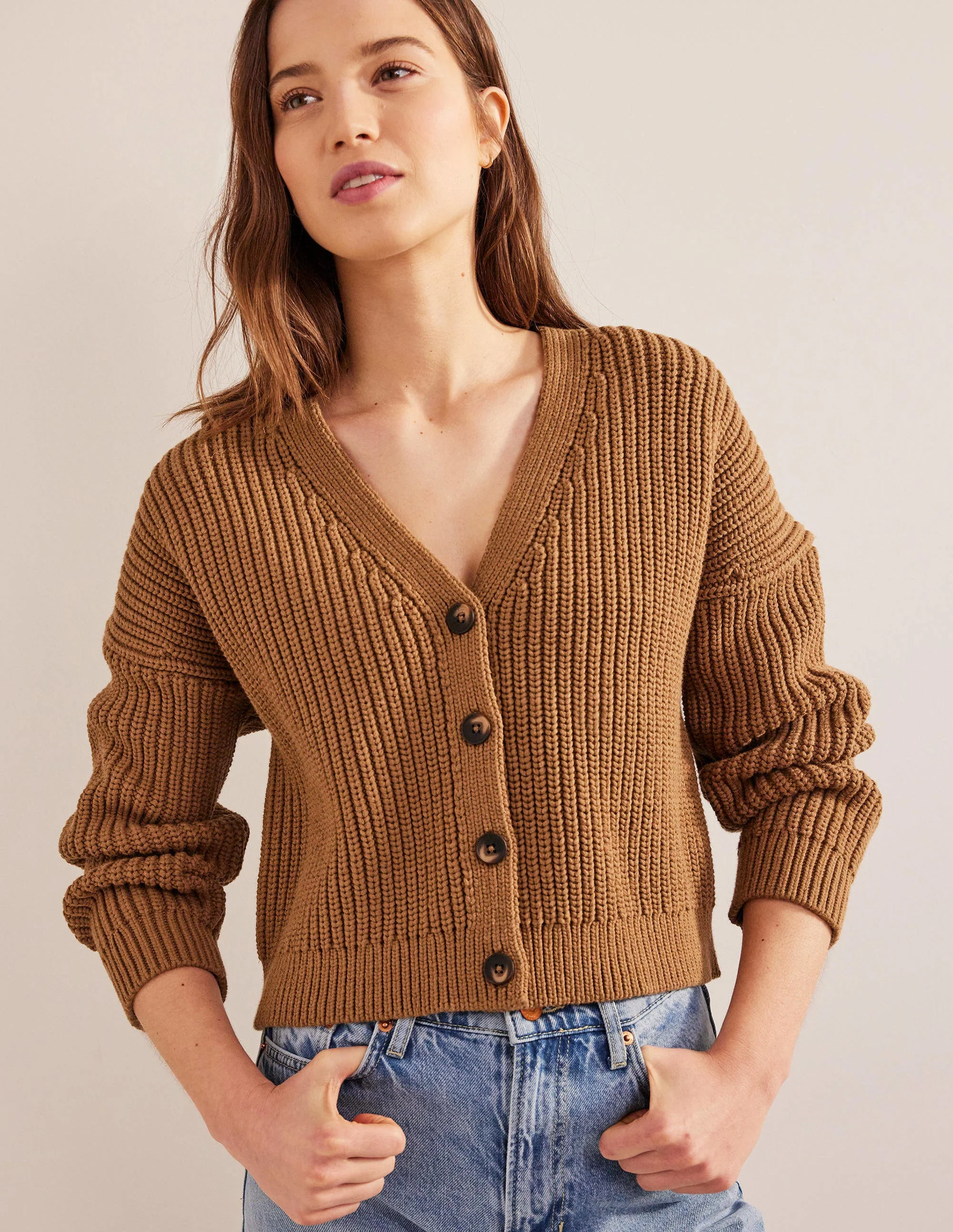 Oversize-Rippstrick-Cardigan-Kamelbraun Melange - Image 4