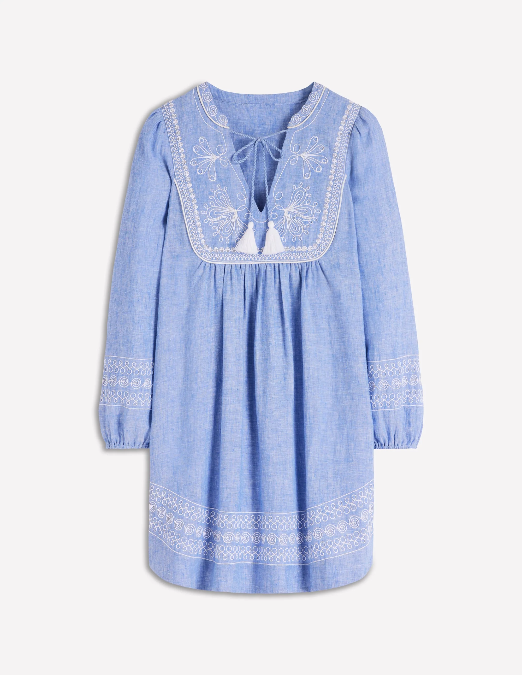 Pia Leinenkleid mit Passe und Quasten-Faux-Uni, Stickerei - Image 7