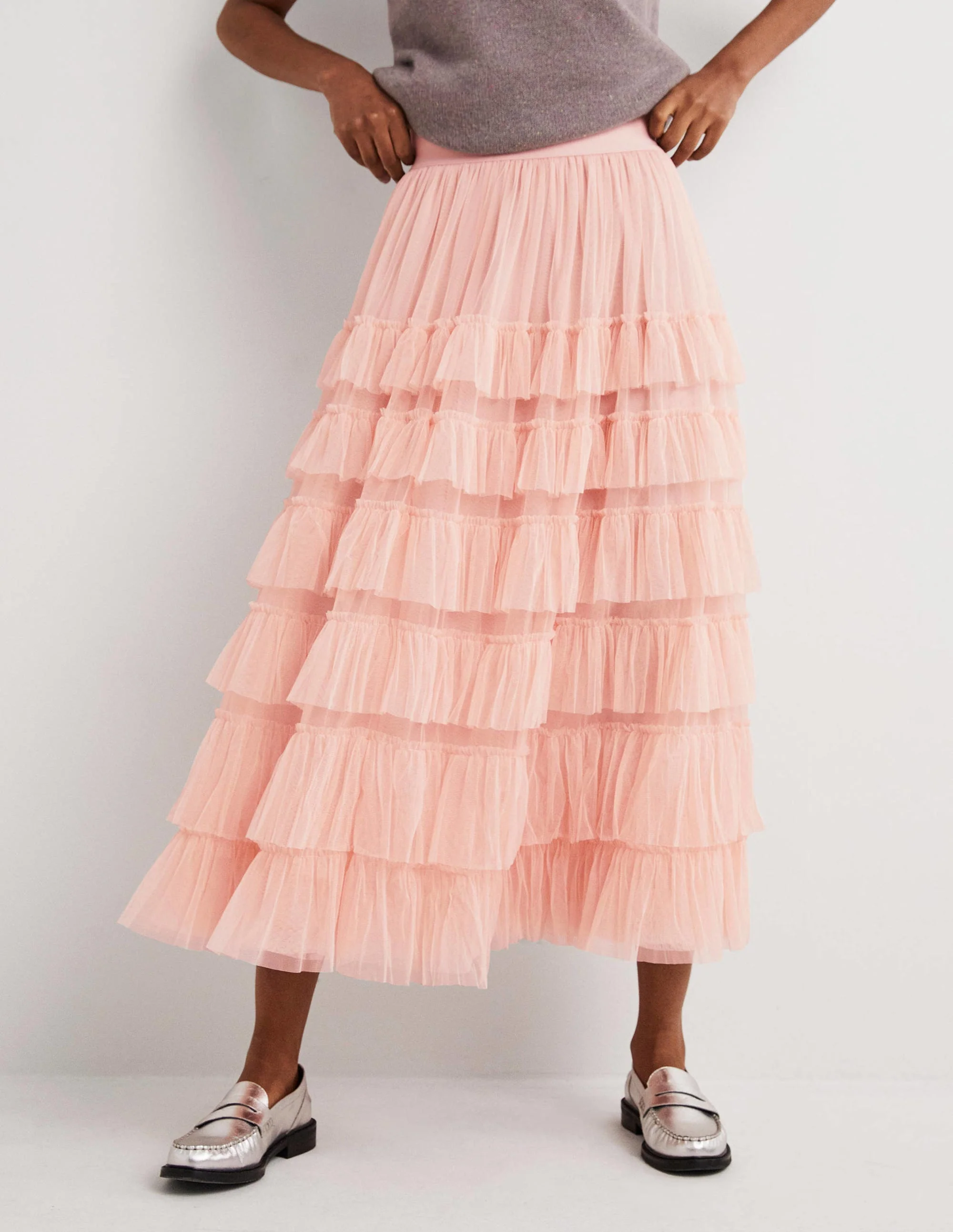 Pink Ruffle Tulle Midi Skirt-Altrosé - Image 4