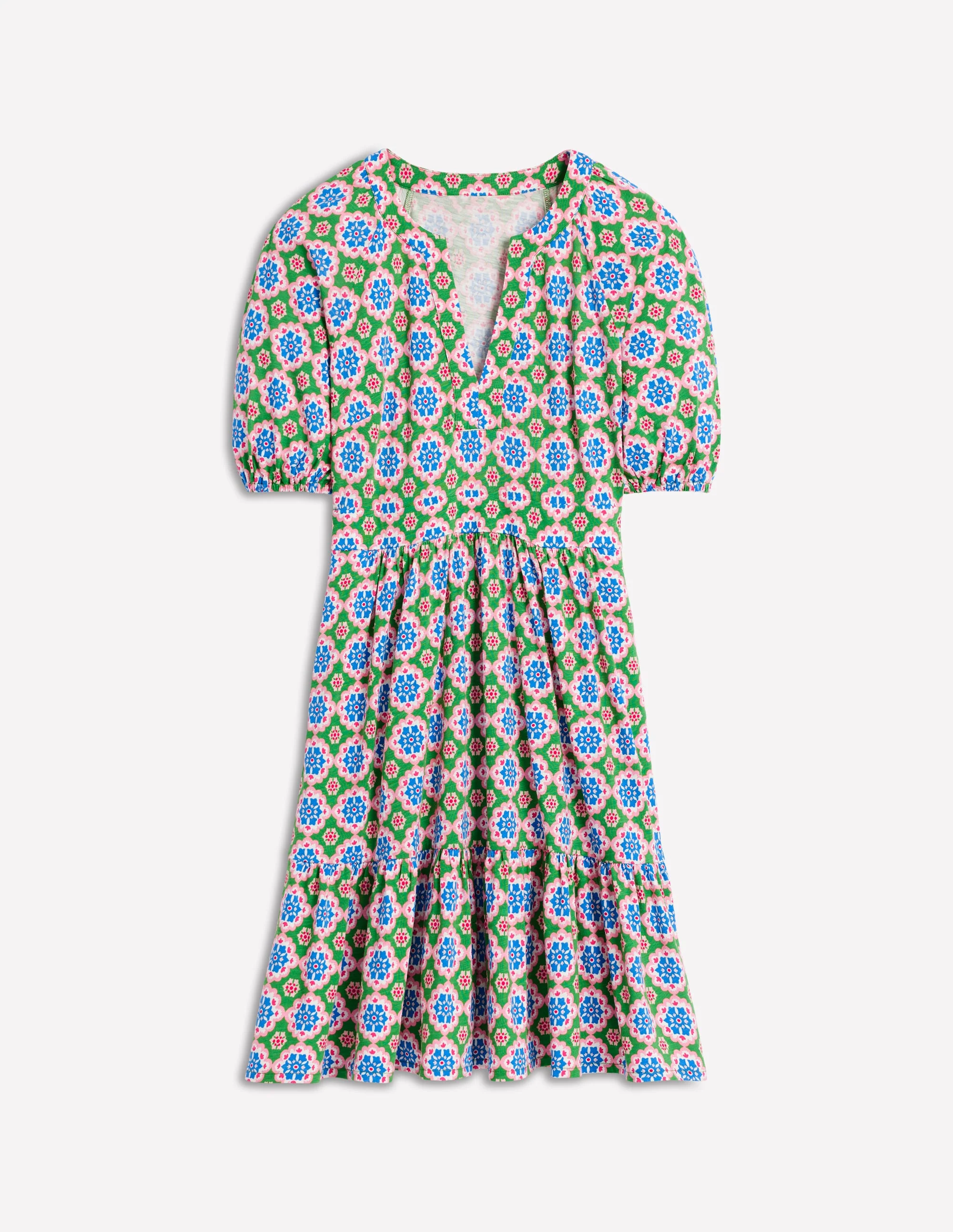 Piper Kurzes Jerseykleid-Leguangrün, Geometrisches Blütenmuster - Image 5