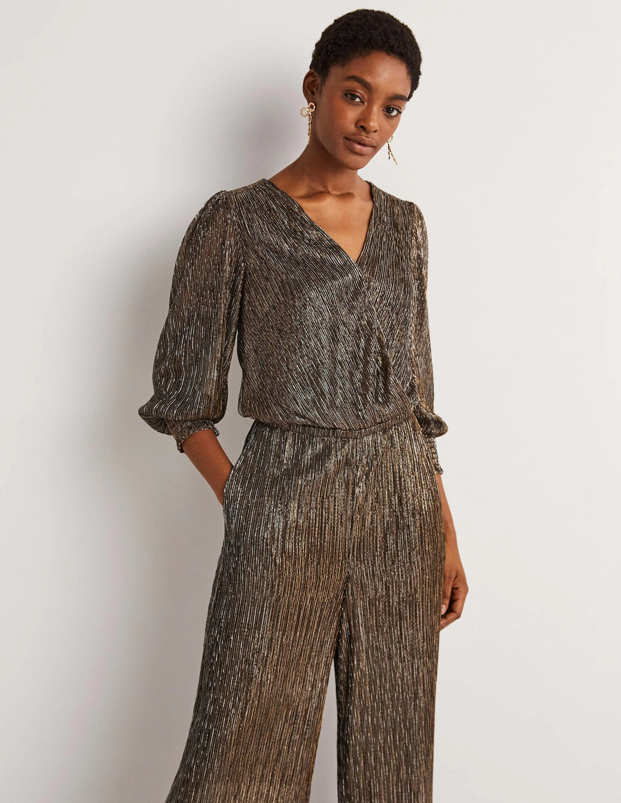 Plissee-Jumpsuit mit Palazzobeinen-Gold/Schwarz, Lurex - Image 4