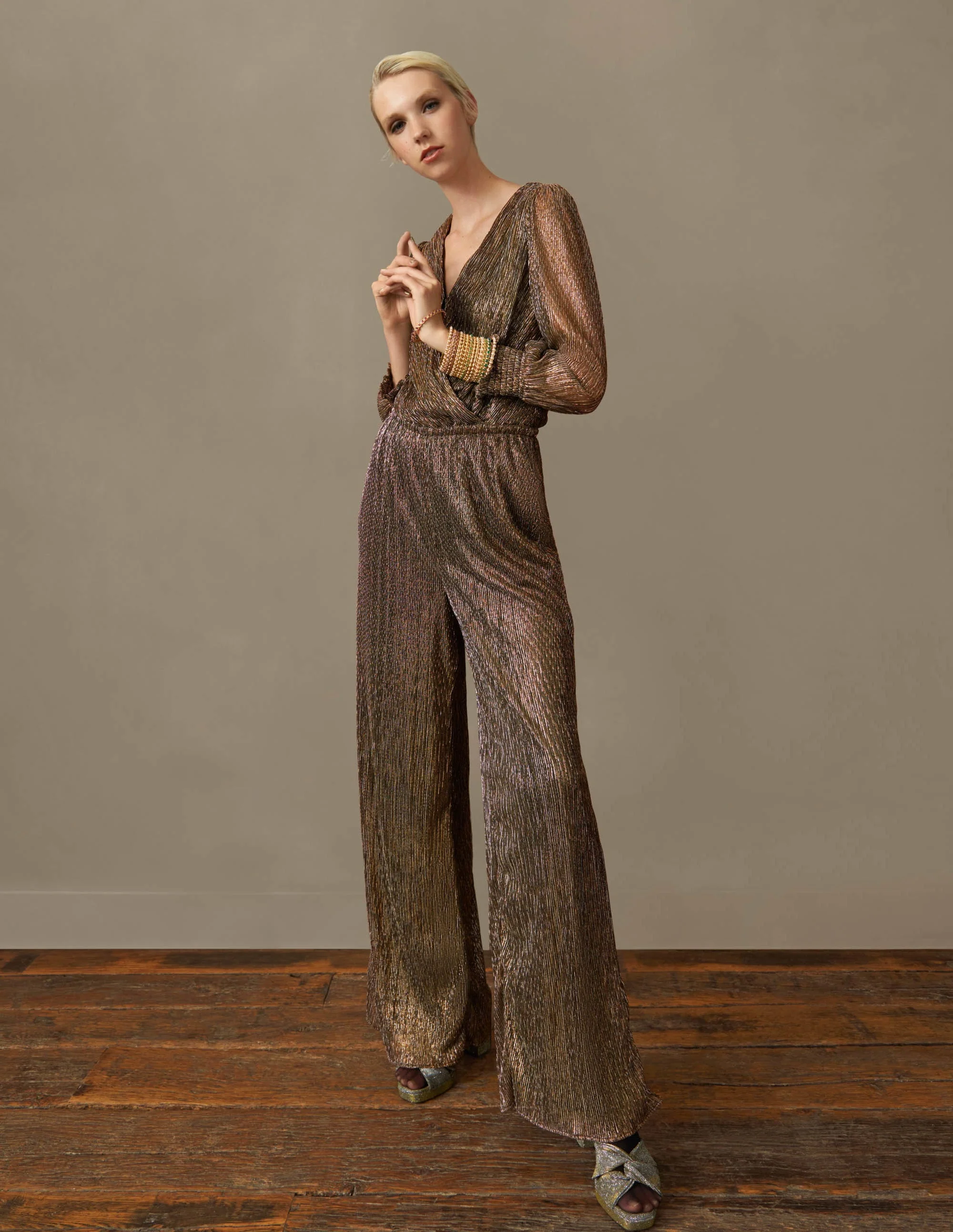 Plissee-Jumpsuit mit Palazzobeinen-Gold/Schwarz, Lurex - Image 7