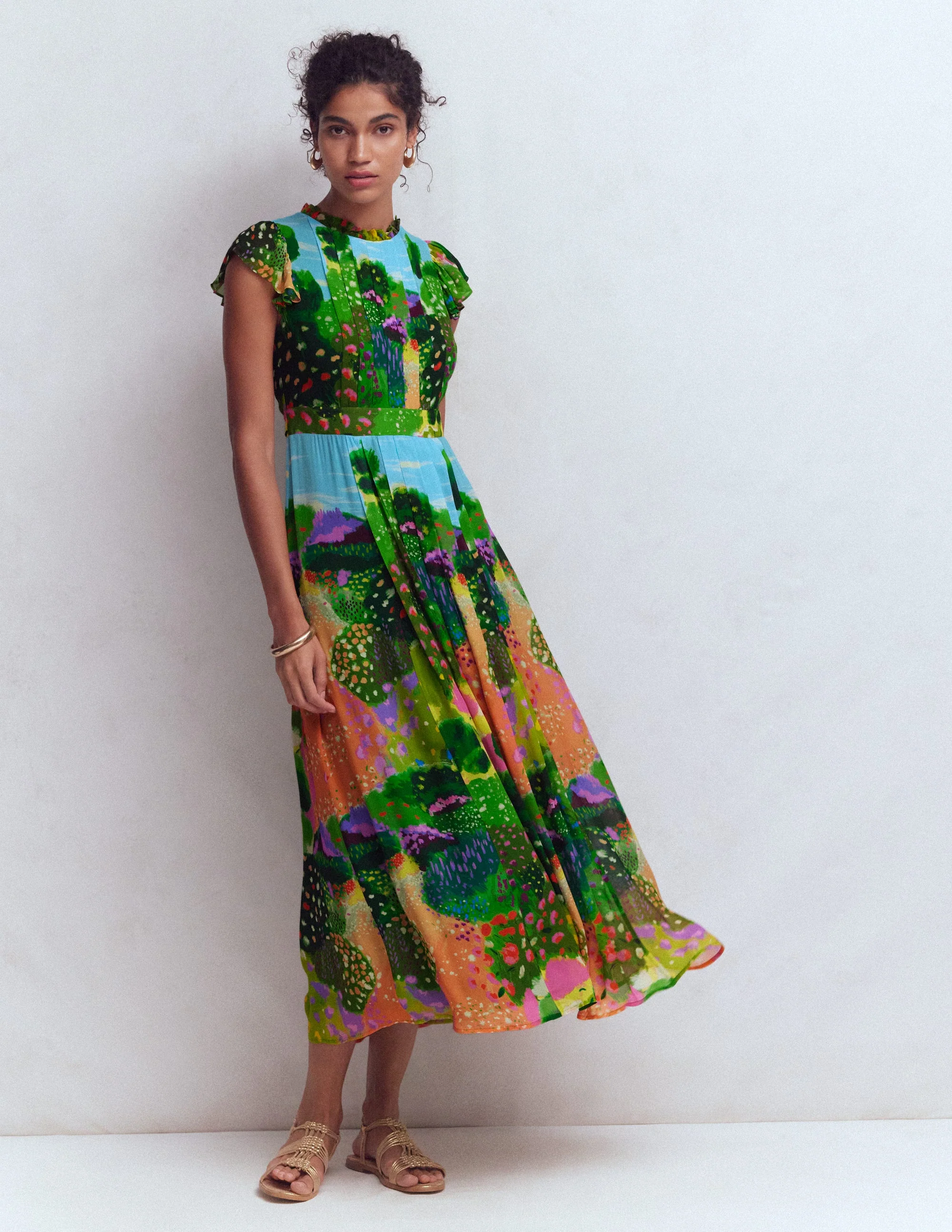 Plissiertes Maxikleid mit Rüschen-Bunt, Gartenpfad - Image 4