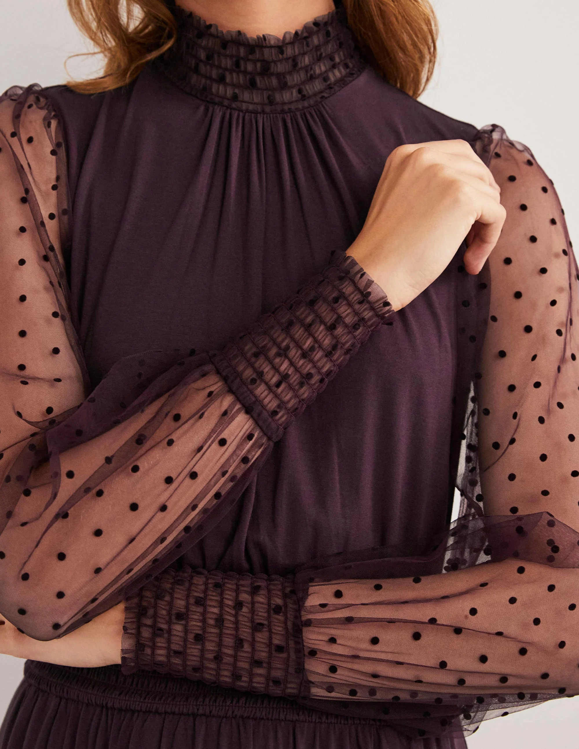 Plum Tulle Sleeve Midi Party Dress-Feige - Image 2
