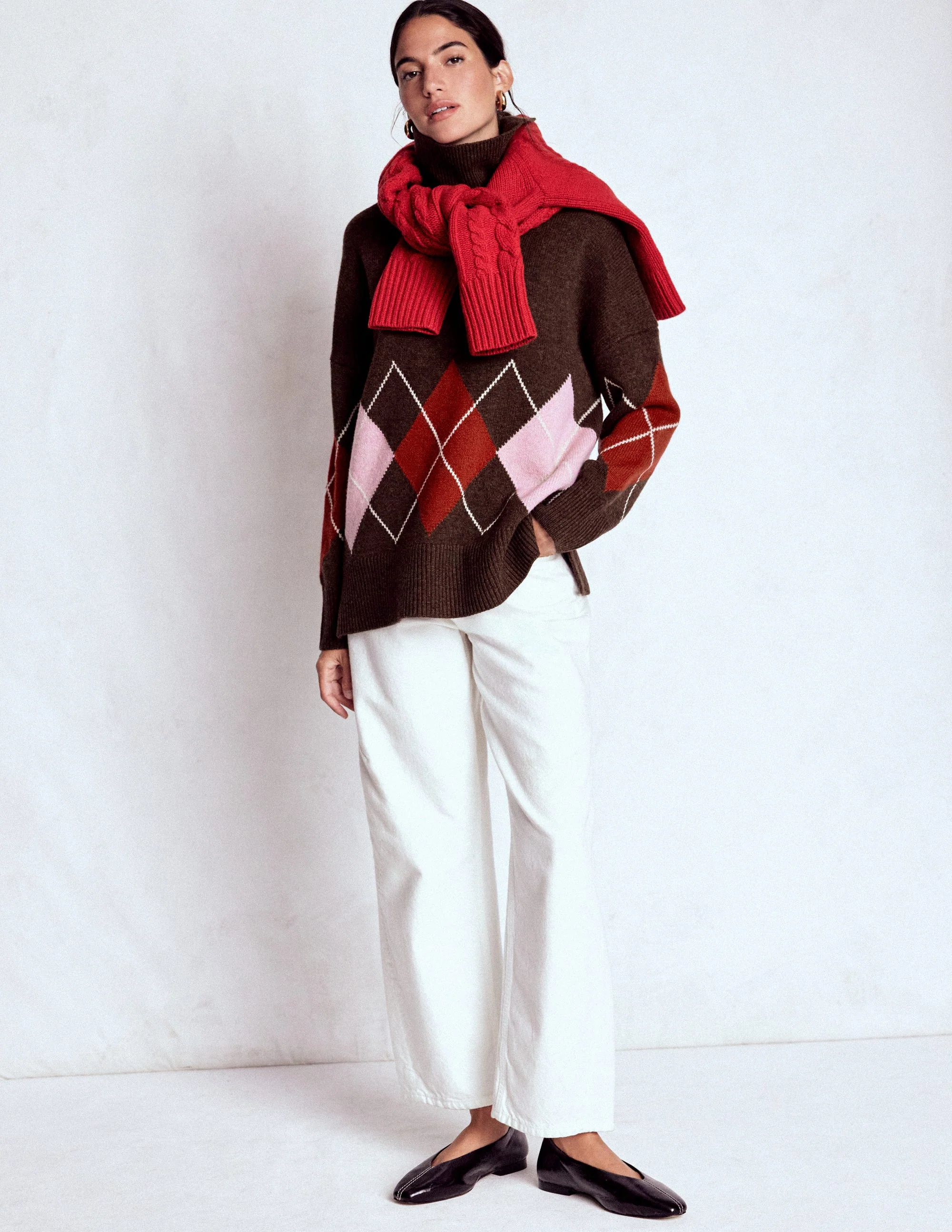 Polly Merino-Rollkragenpullover-Braun, Rosa Argyle - Image 5