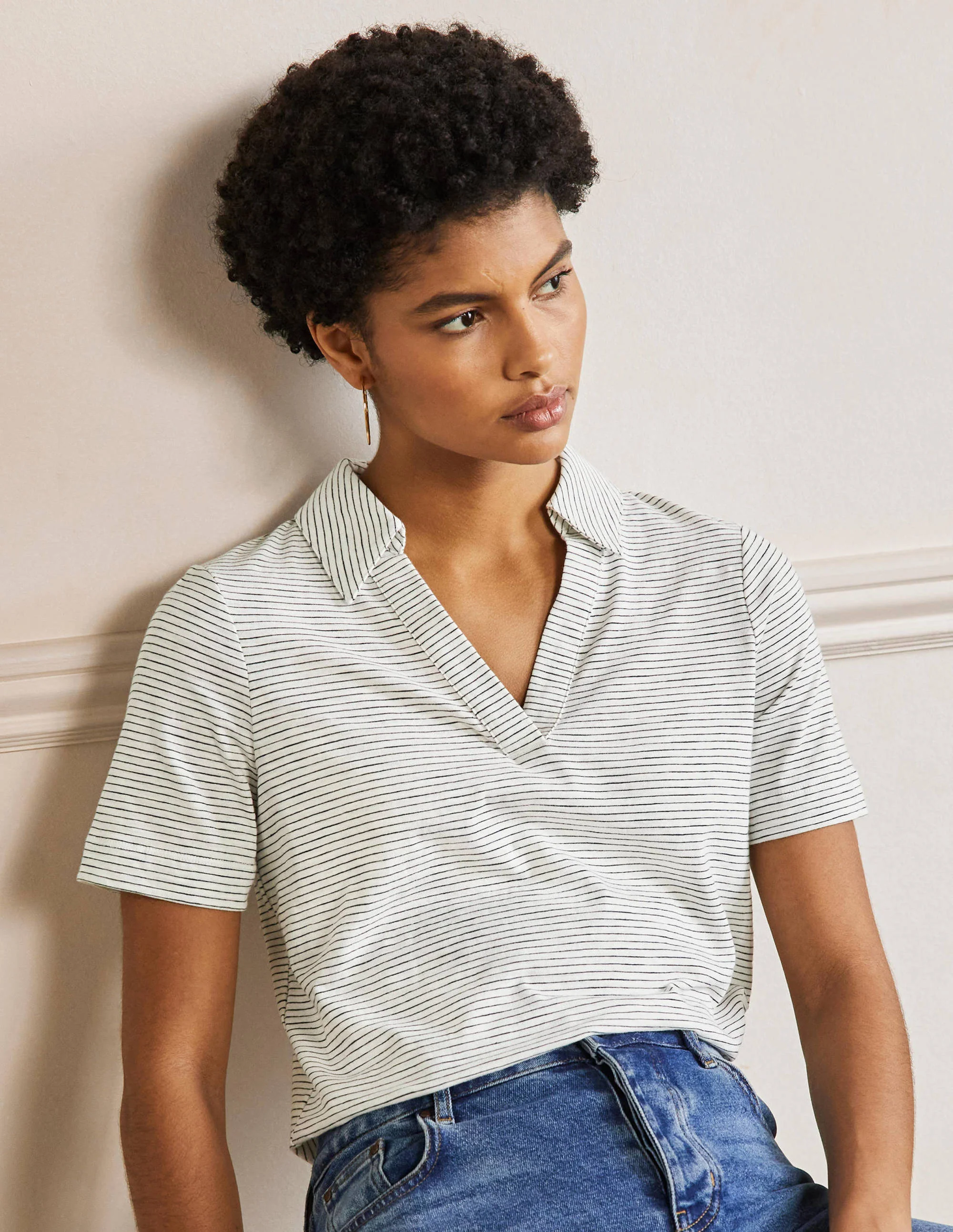 Poloshirt aus Baumwolle-Naturweiß/Navy, Gestreift