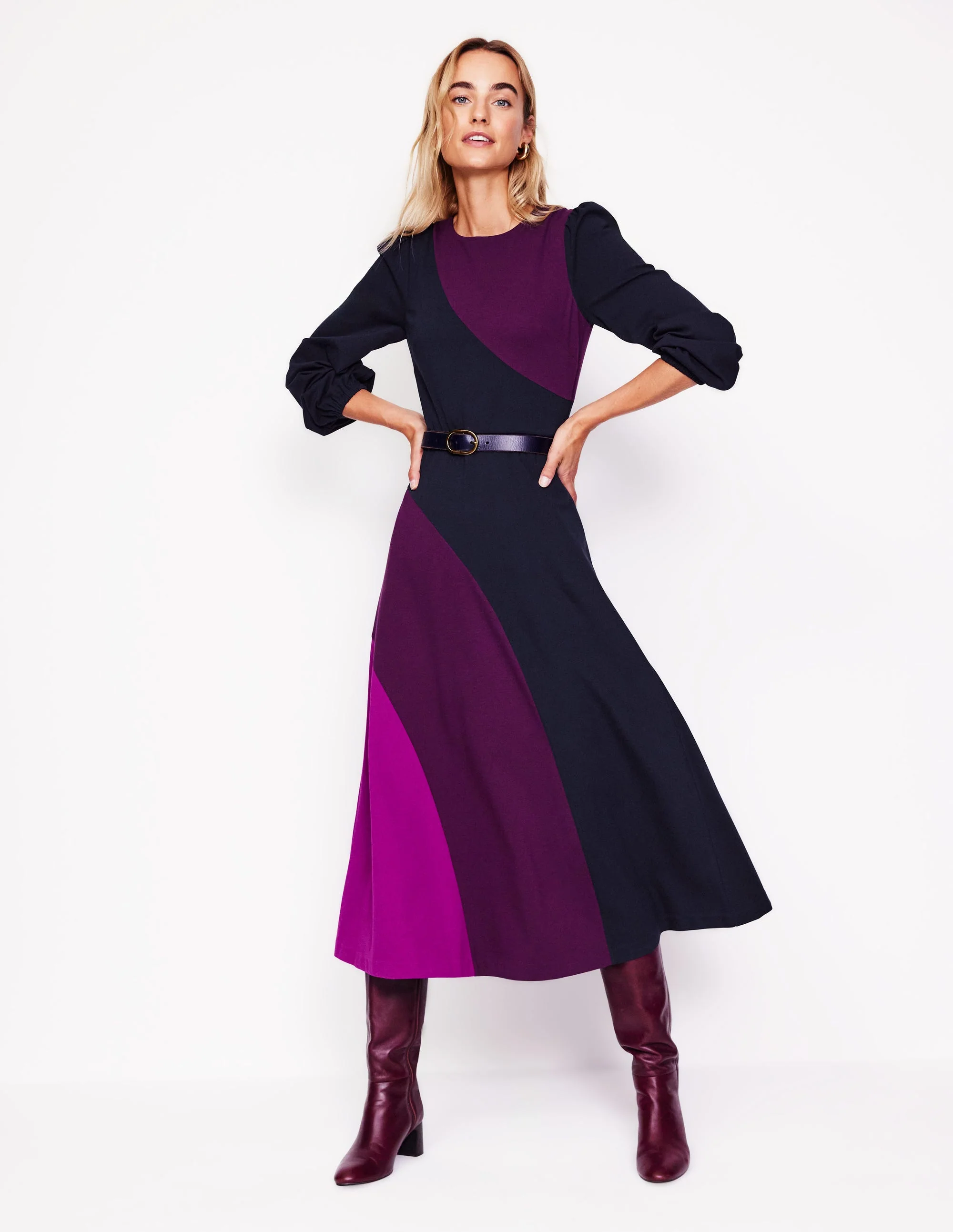 Ponte-Kleid mit Rundhalsausschnitt-Marineblau, Damson Blockfarben