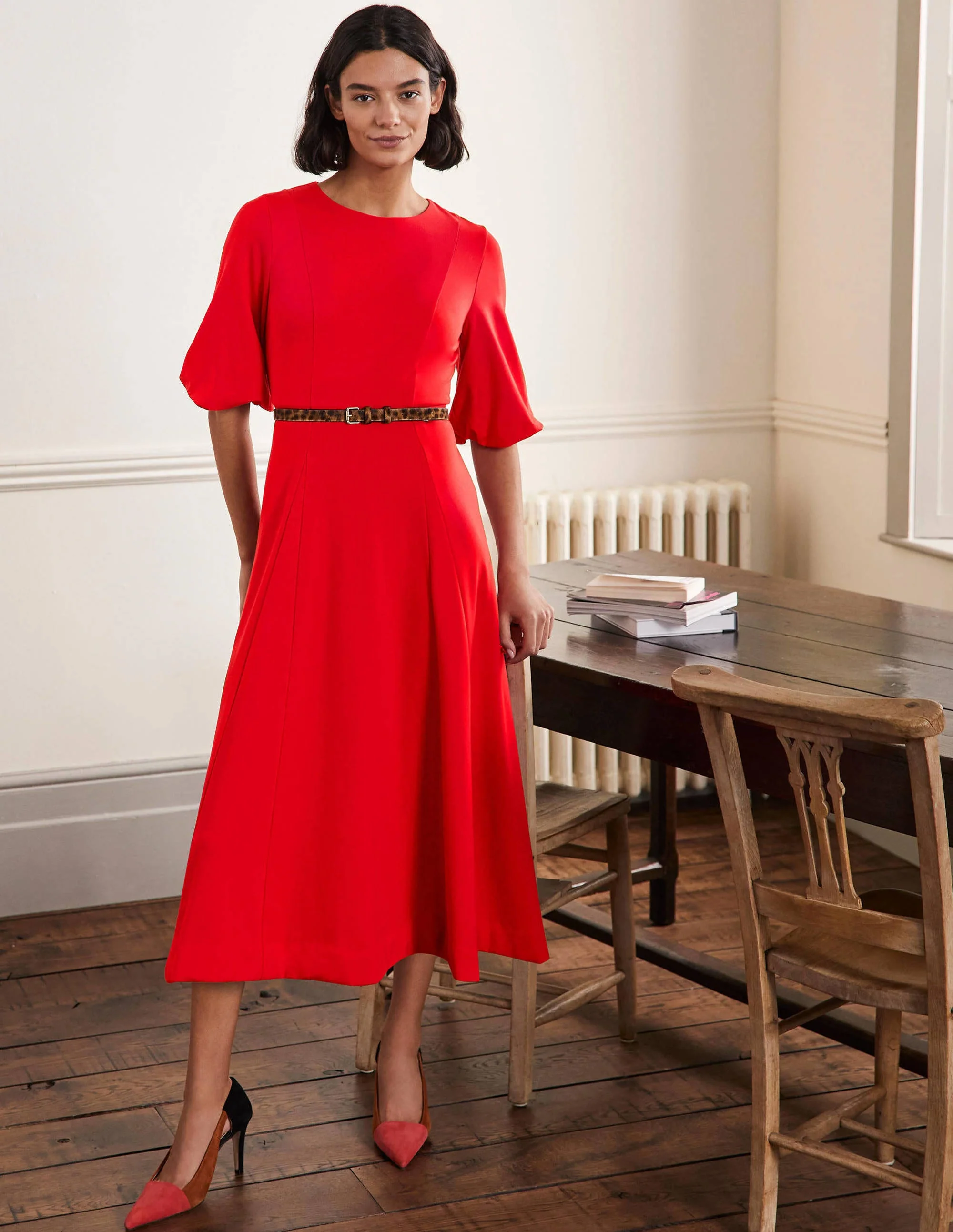 Ponte-Midikleid mit Tellerrock-Rot