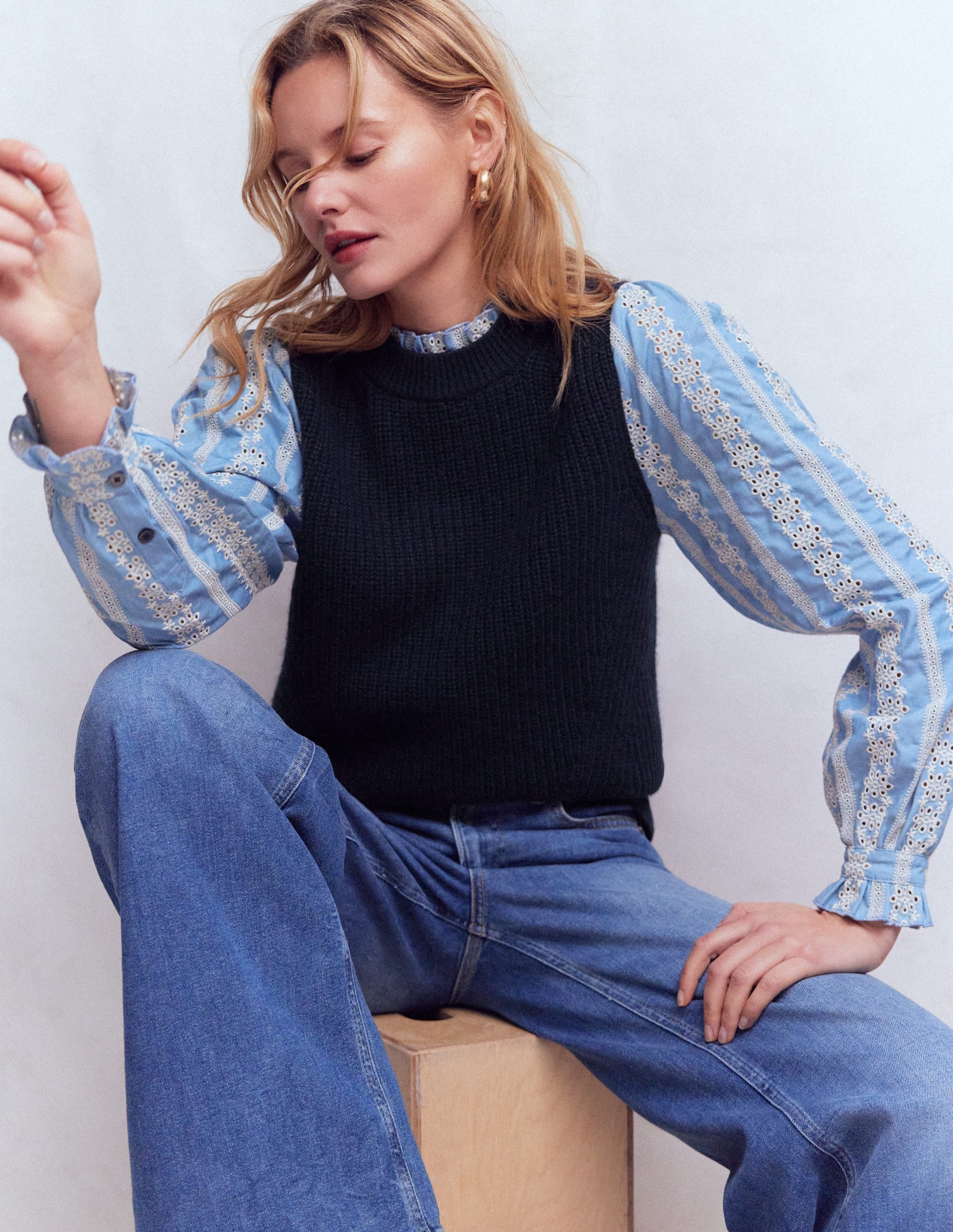 Pullover aus Strick- und Webmix-Marineblau