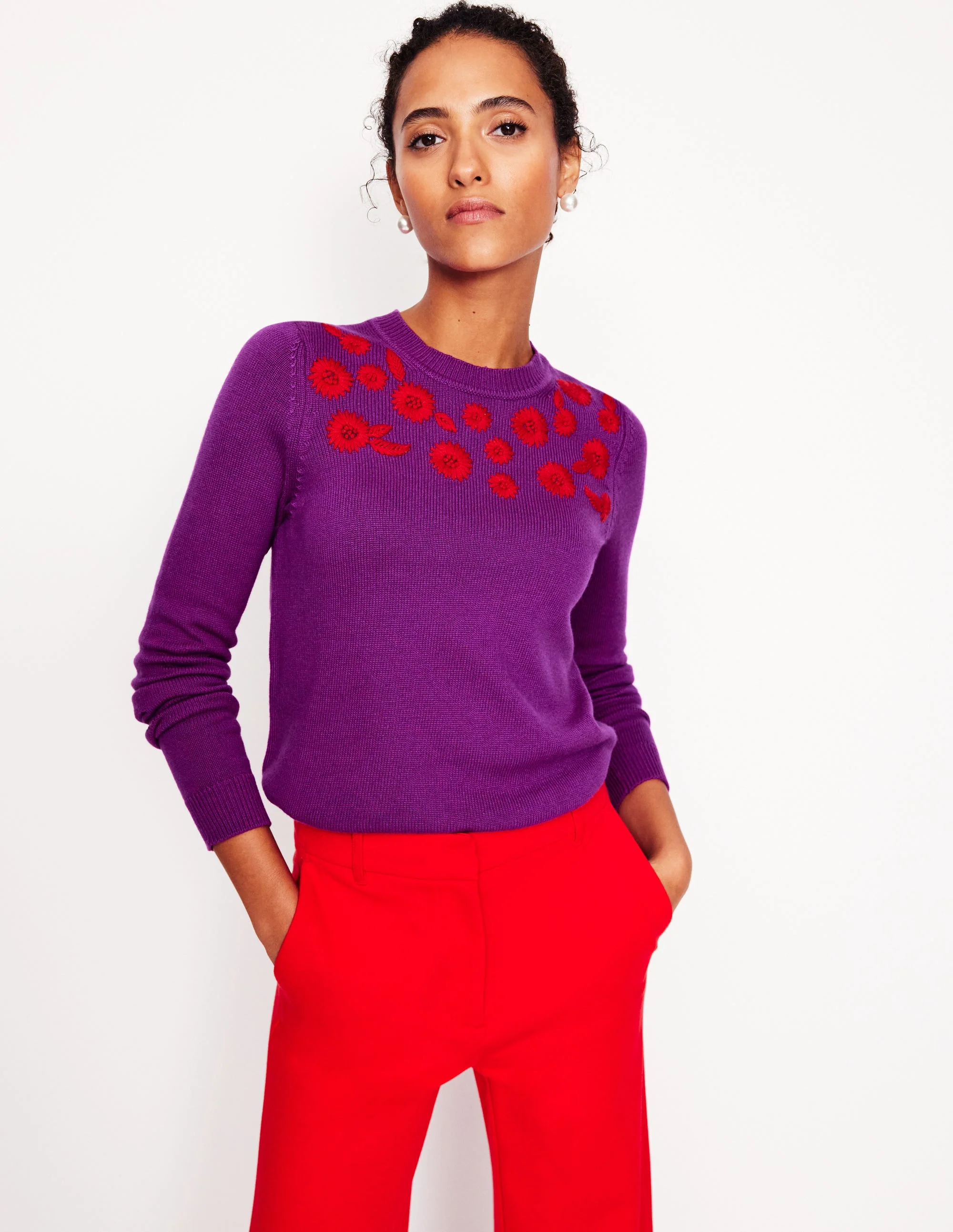 Pullover mit Blumenstickerei-Amethystviolett