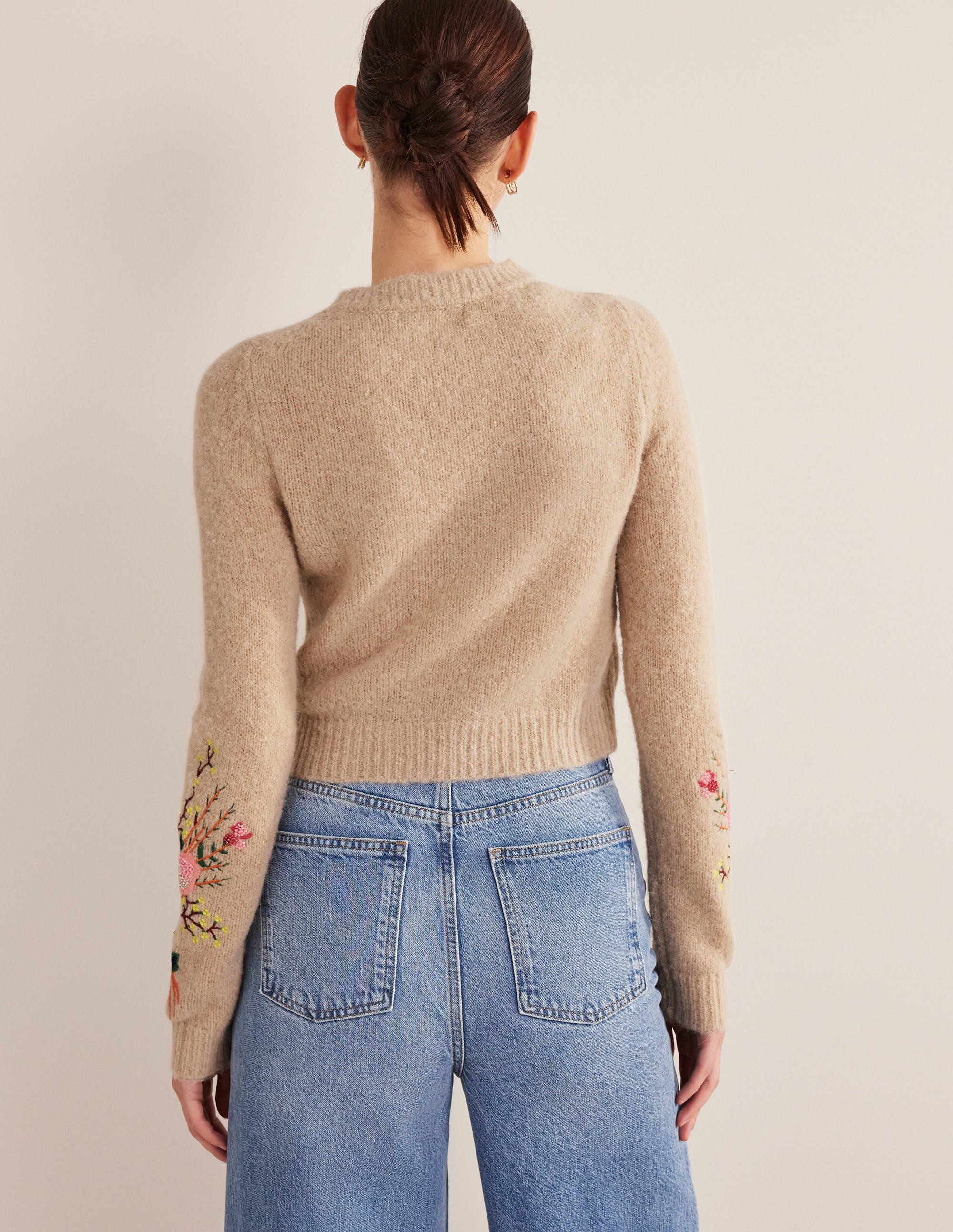 Pullover mit Blumenstickerei-Mausbraun Melange, Blumenmuster - Image 3