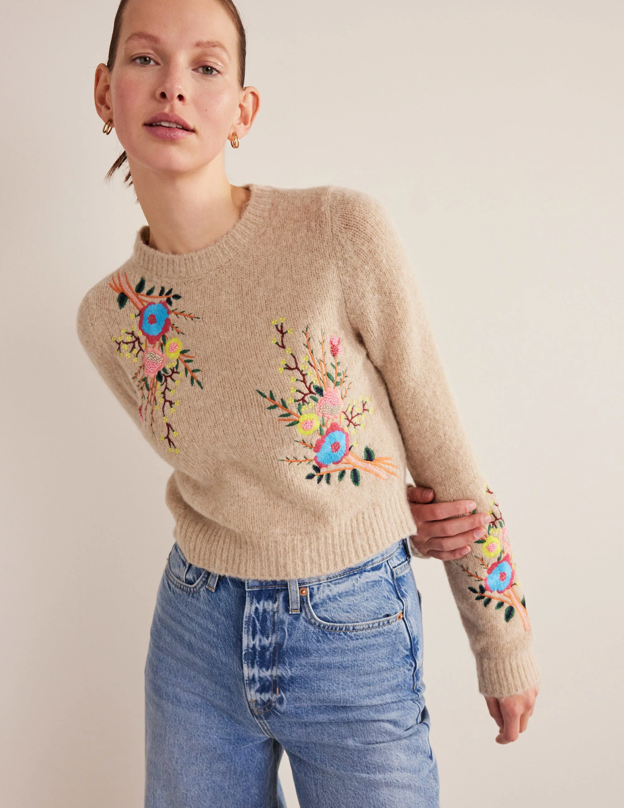 Pullover mit Blumenstickerei-Mausbraun Melange, Blumenmuster - Image 4