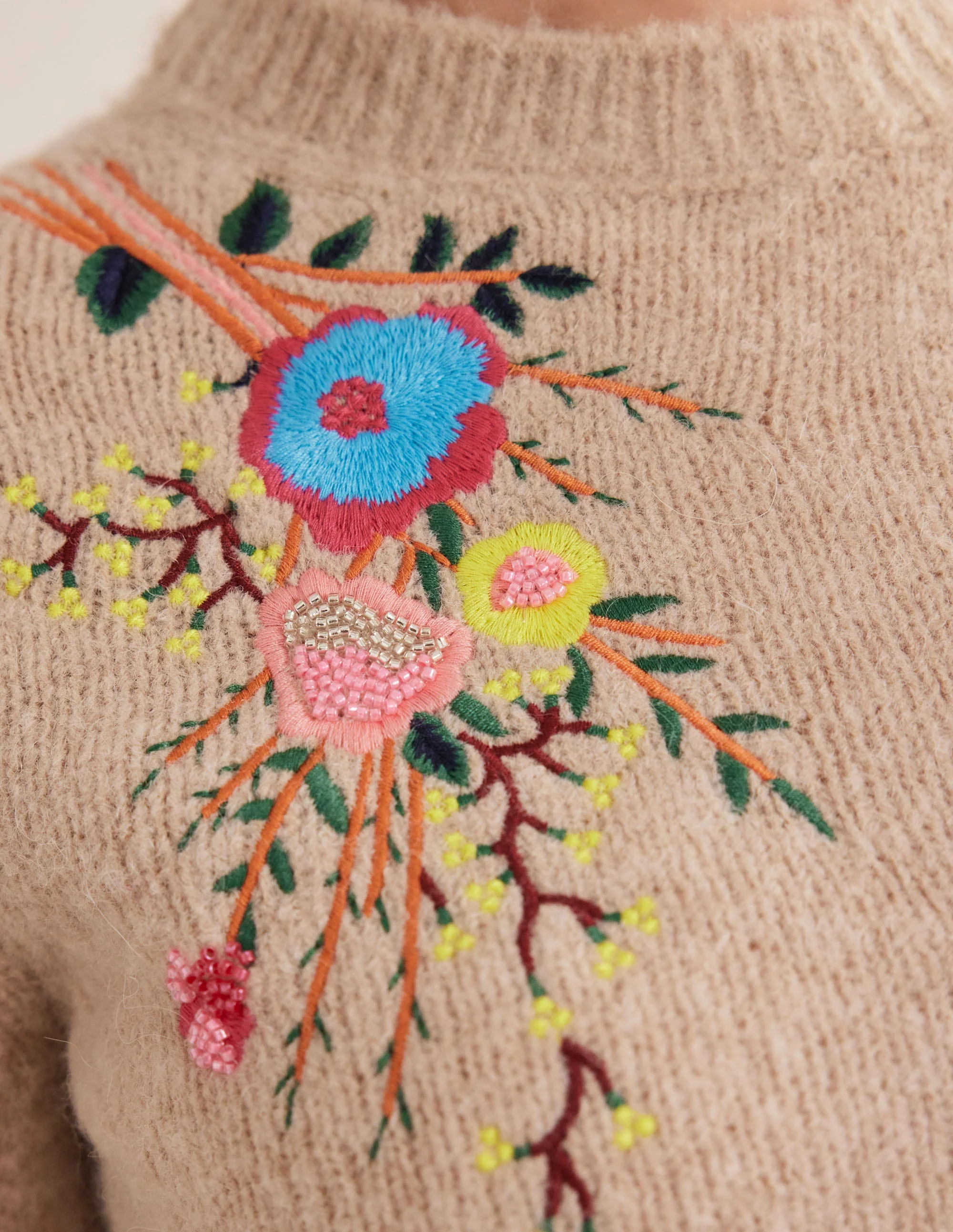 Pullover mit Blumenstickerei-Mausbraun Melange, Blumenmuster - Image 5
