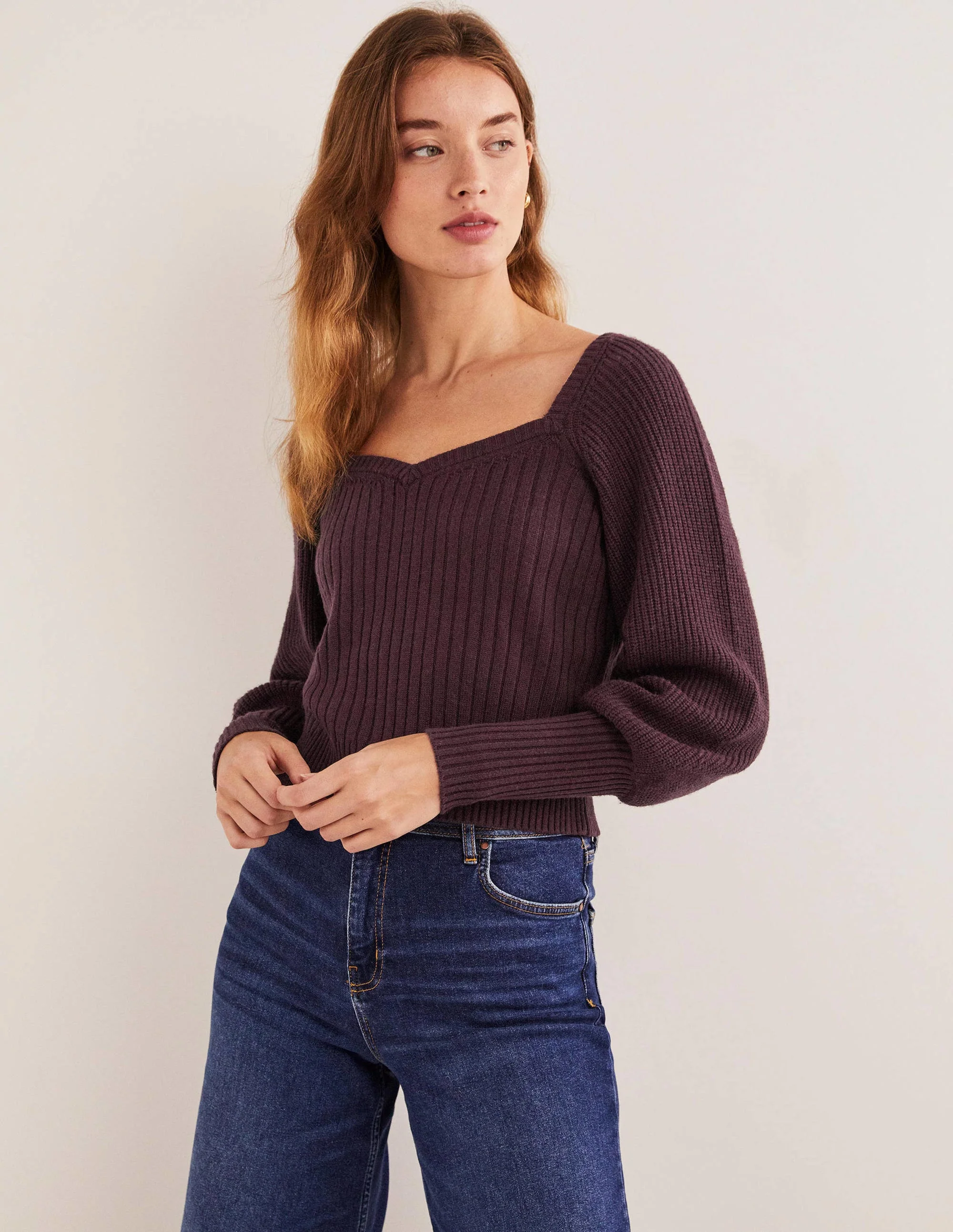 Pullover mit Herzausschnitt und Blousonärmeln-Feigen-Violett