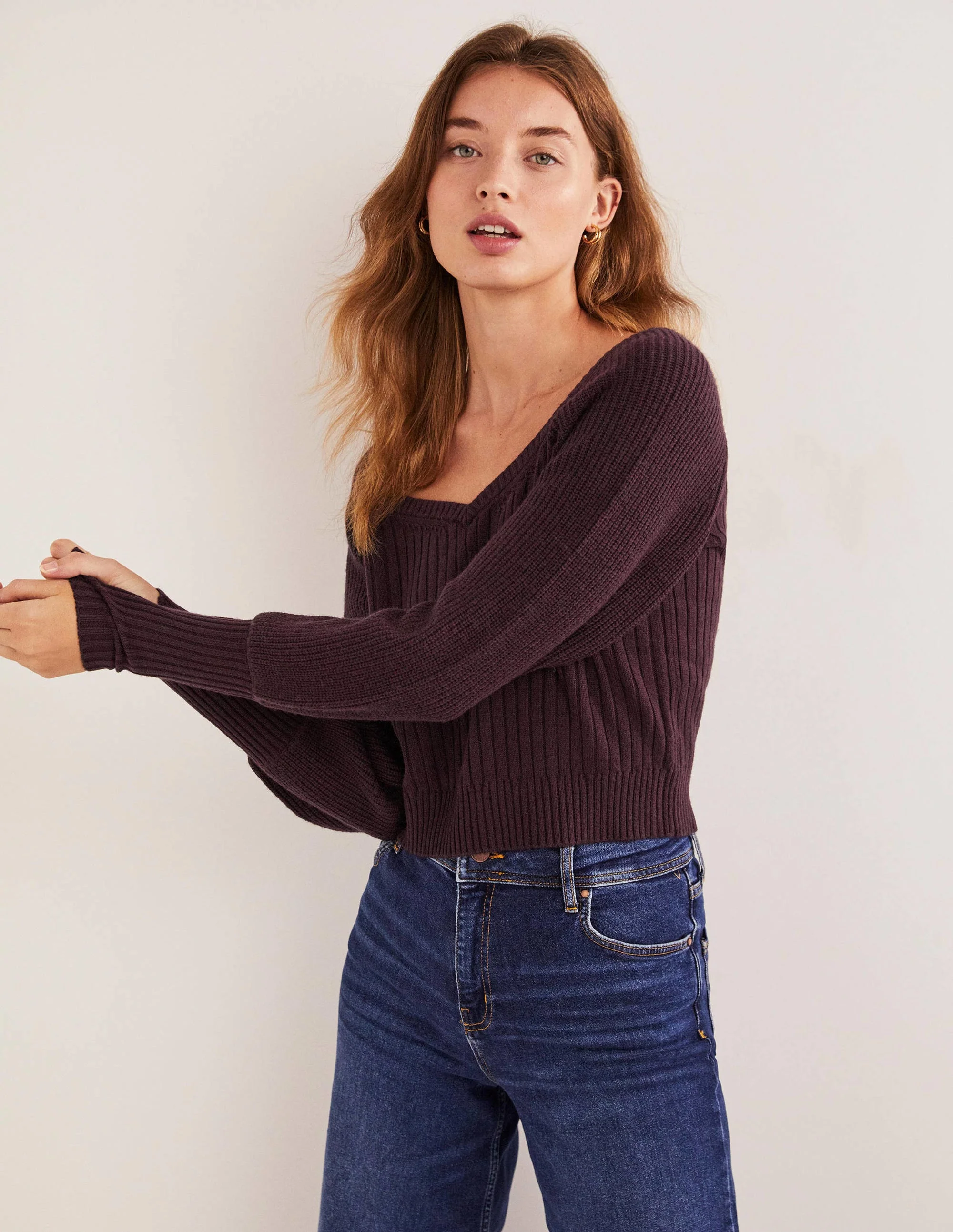 Pullover mit Herzausschnitt und Blousonärmeln-Feigen-Violett - Image 4