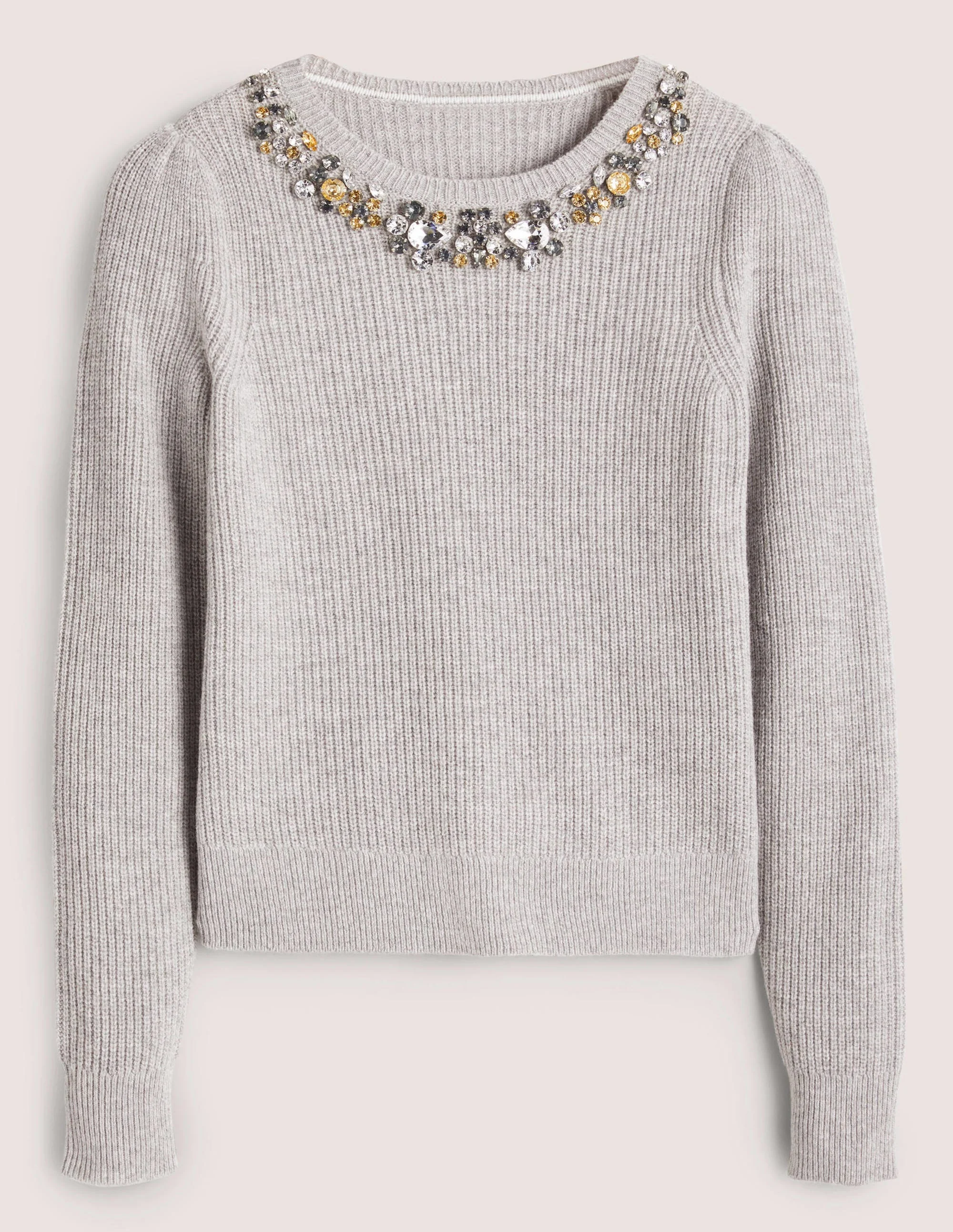 Pullover mit Stickereiverzierung-Grau, Verzierter Kragen - Image 6