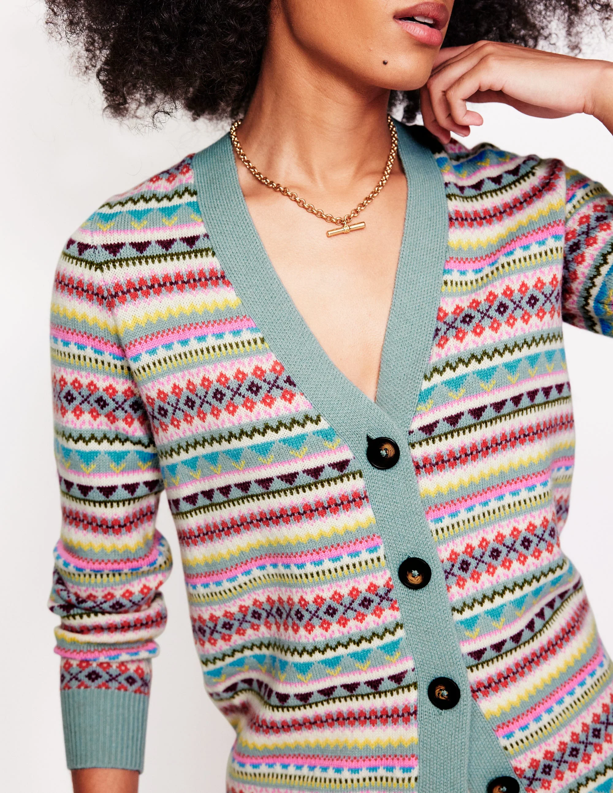 Quinn Strickjacke im Boyfriend-Stil-Blau, Klassisches Fair-Isle-Design - Image 2