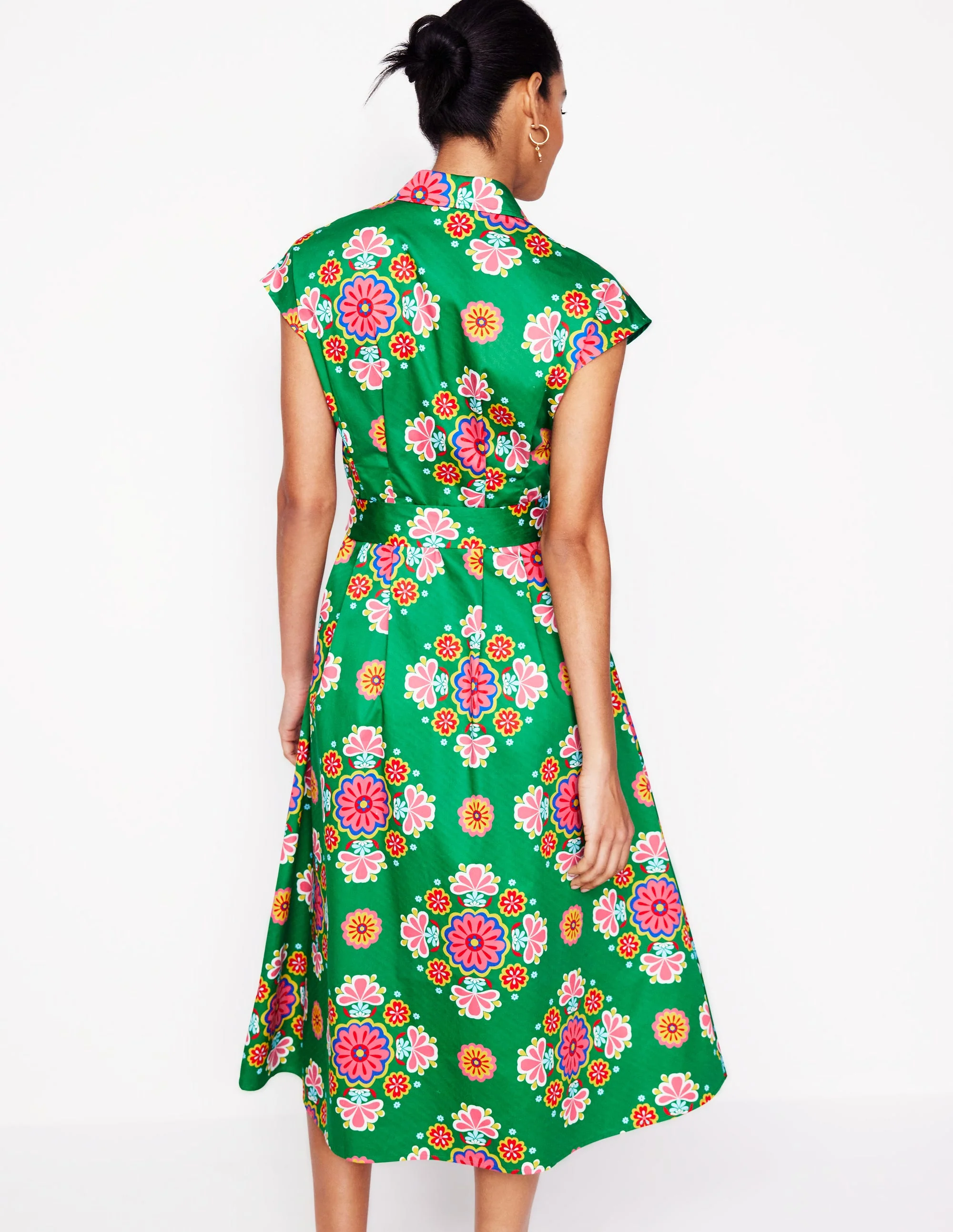 Rachel Midi-Hemdblusenkleid aus Baumwolle-Smaragdgrün, Wiese Kleiner Blumenstrauß - Image 3