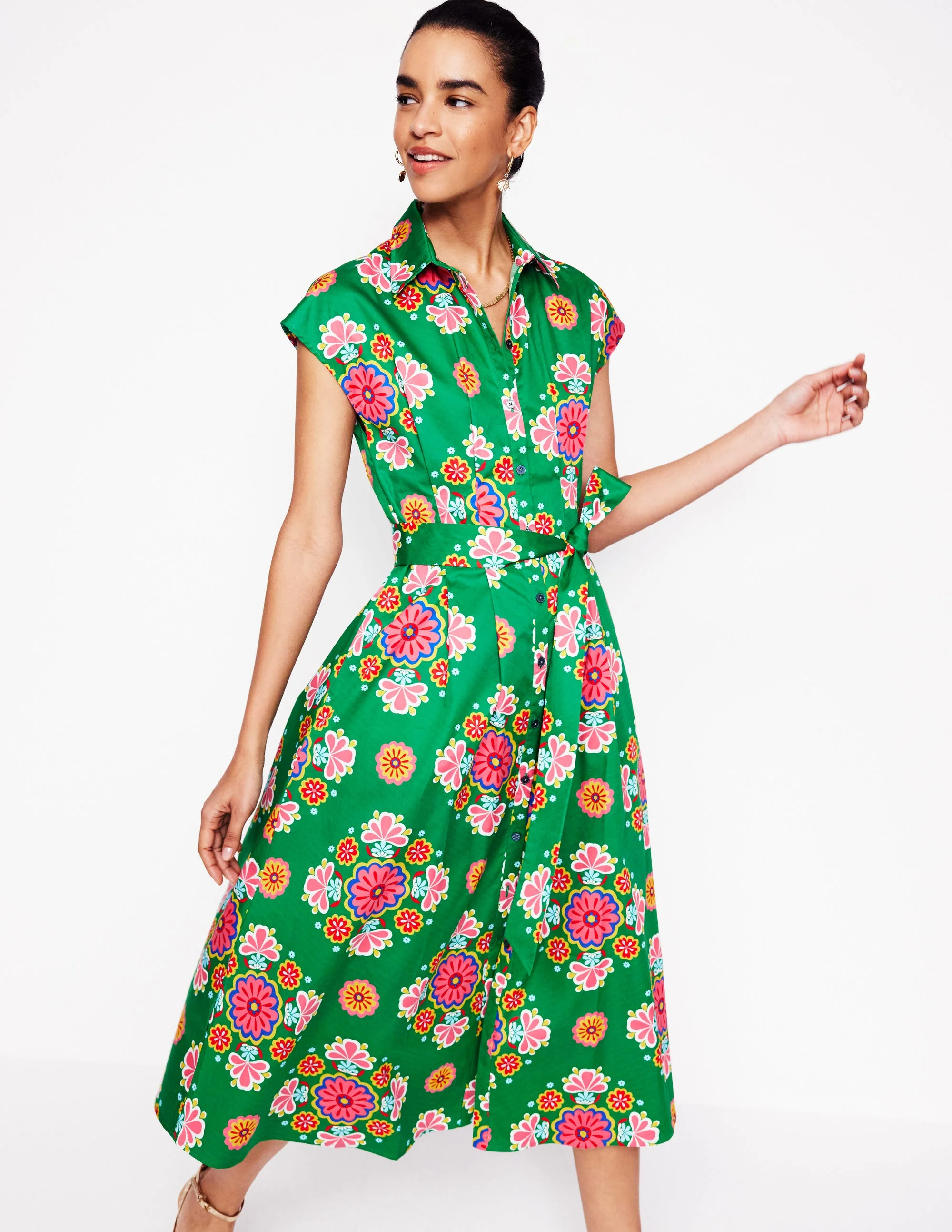 Rachel Midi-Hemdblusenkleid aus Baumwolle-Smaragdgrün, Wiese Kleiner Blumenstrauß - Image 4