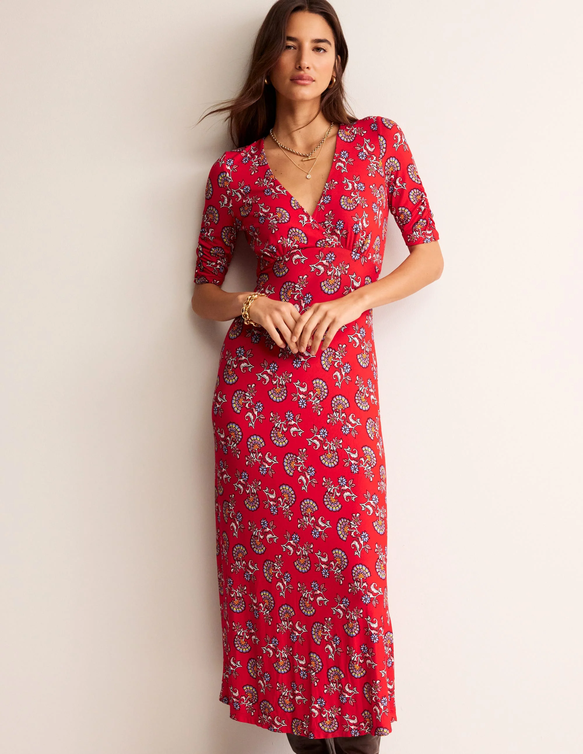 Rebecca Midi-Teekleid aus Jersey-Flame Scarlet, Botanischer Strauß - Image 4