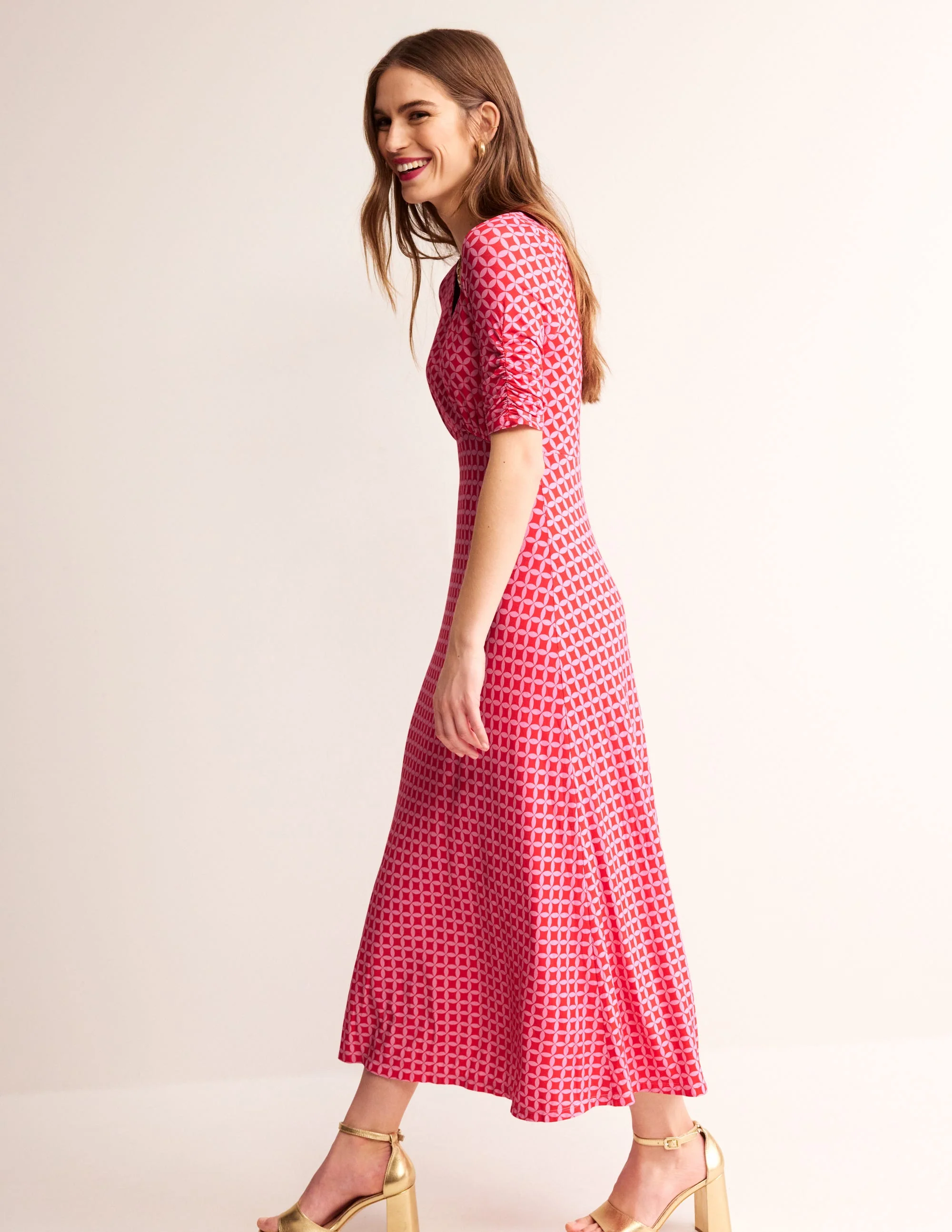 Rebecca Midi-Teekleid aus Jersey-Flammenrot, Diamond Terrace