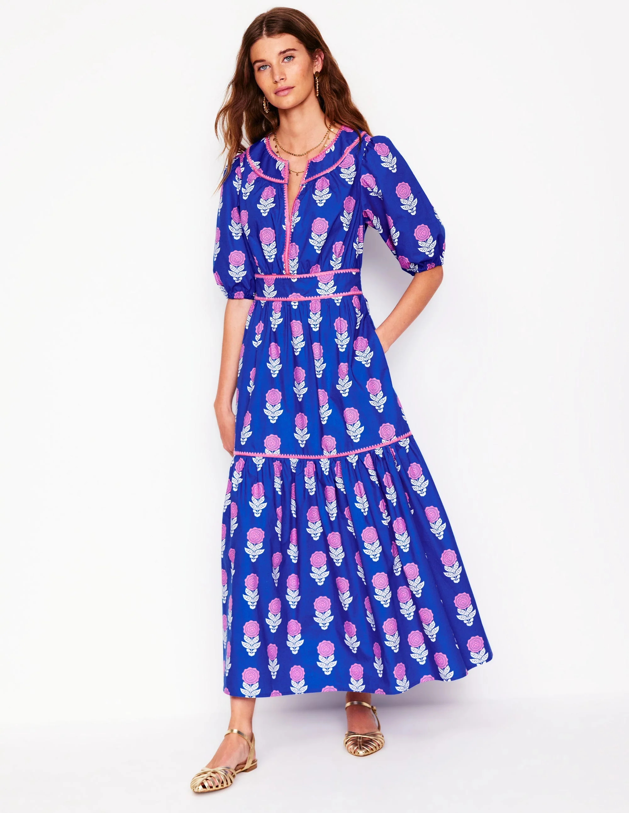 Rhea Besticktes Midikleid-Galerie-Blau, Dahlienzweig - Image 4