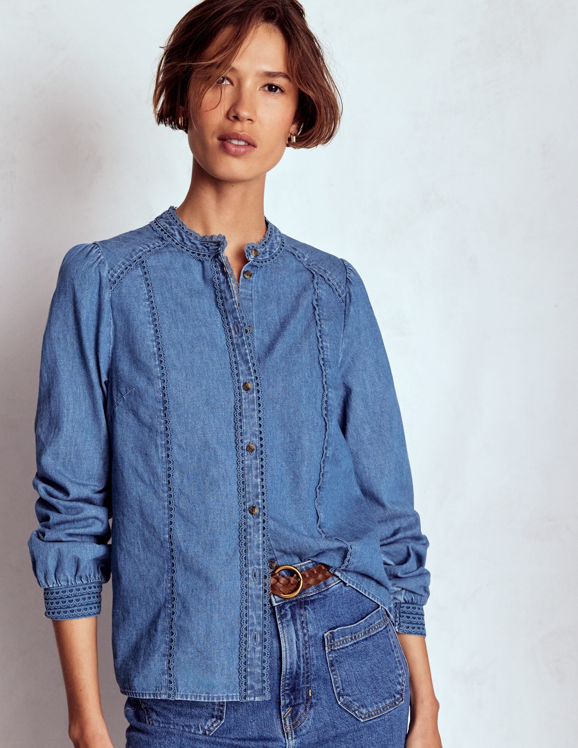Rhea Denim-Oberteil mit Besatz-Ausgeblichene Optik