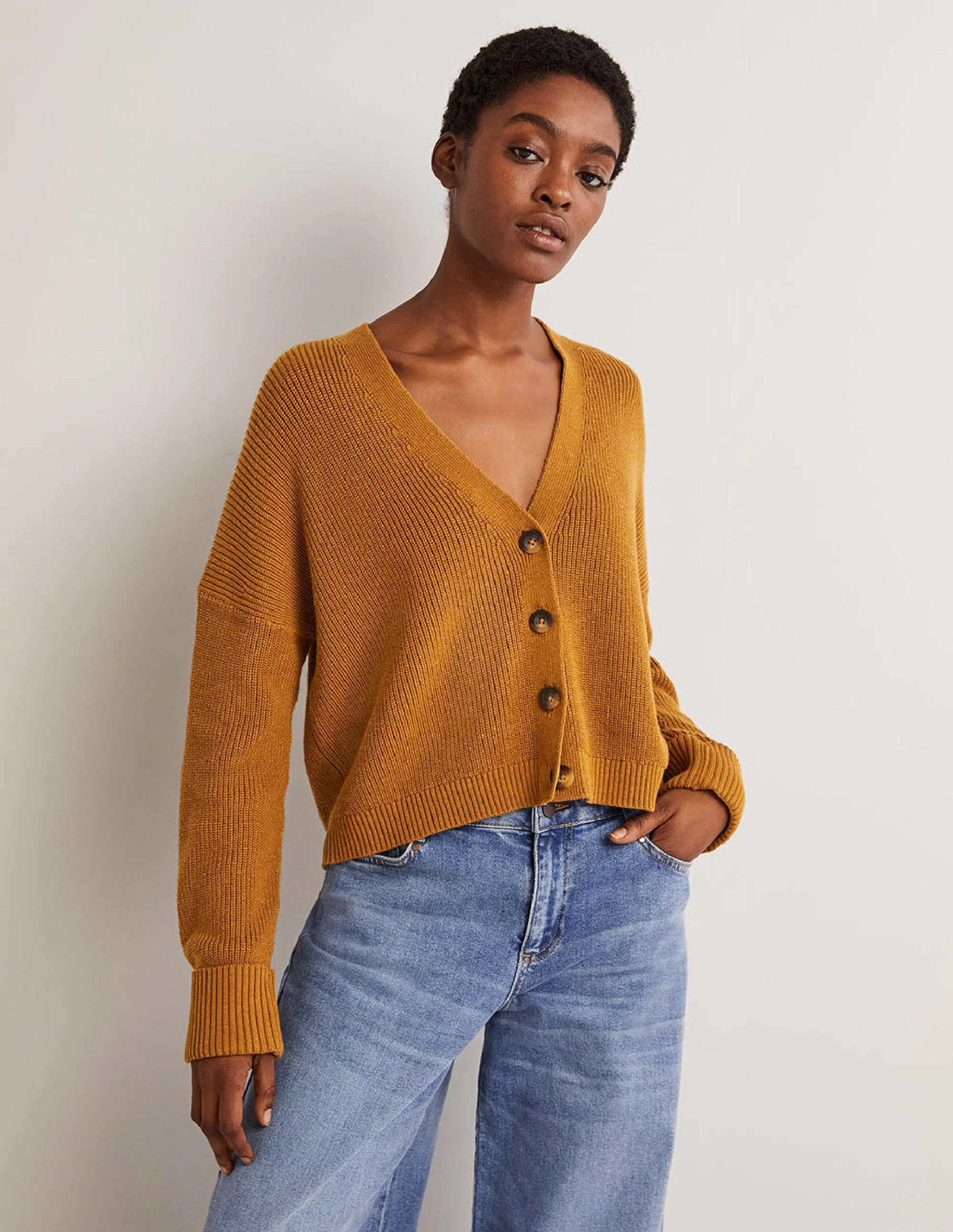 Rippstrickcardigan mit Umschlagbündchen-Karamellbonbonbraun Melange