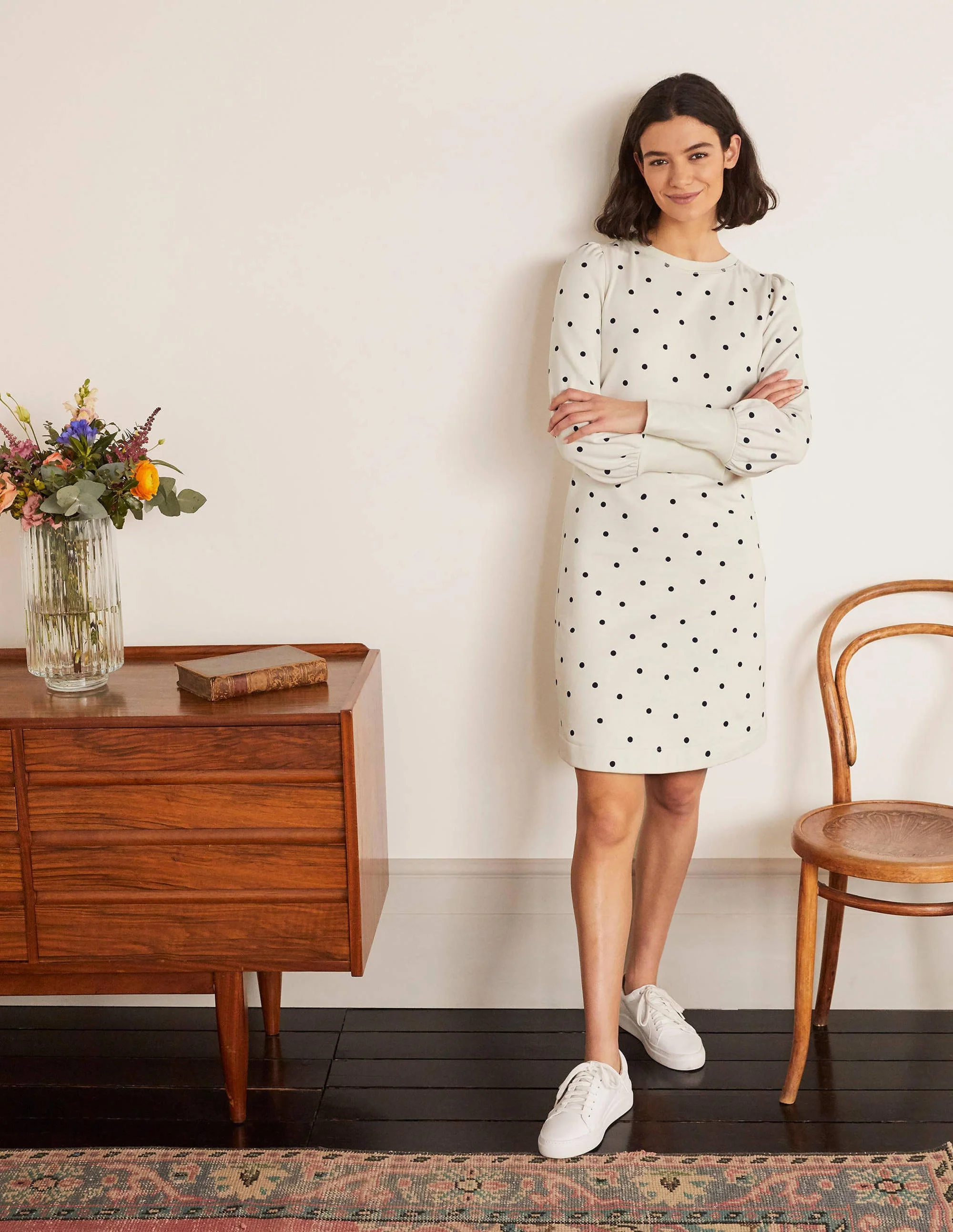 Romona Sweatshirt-Kleid-Naturweiß/Navy, Polka-Tupfen - Image 5