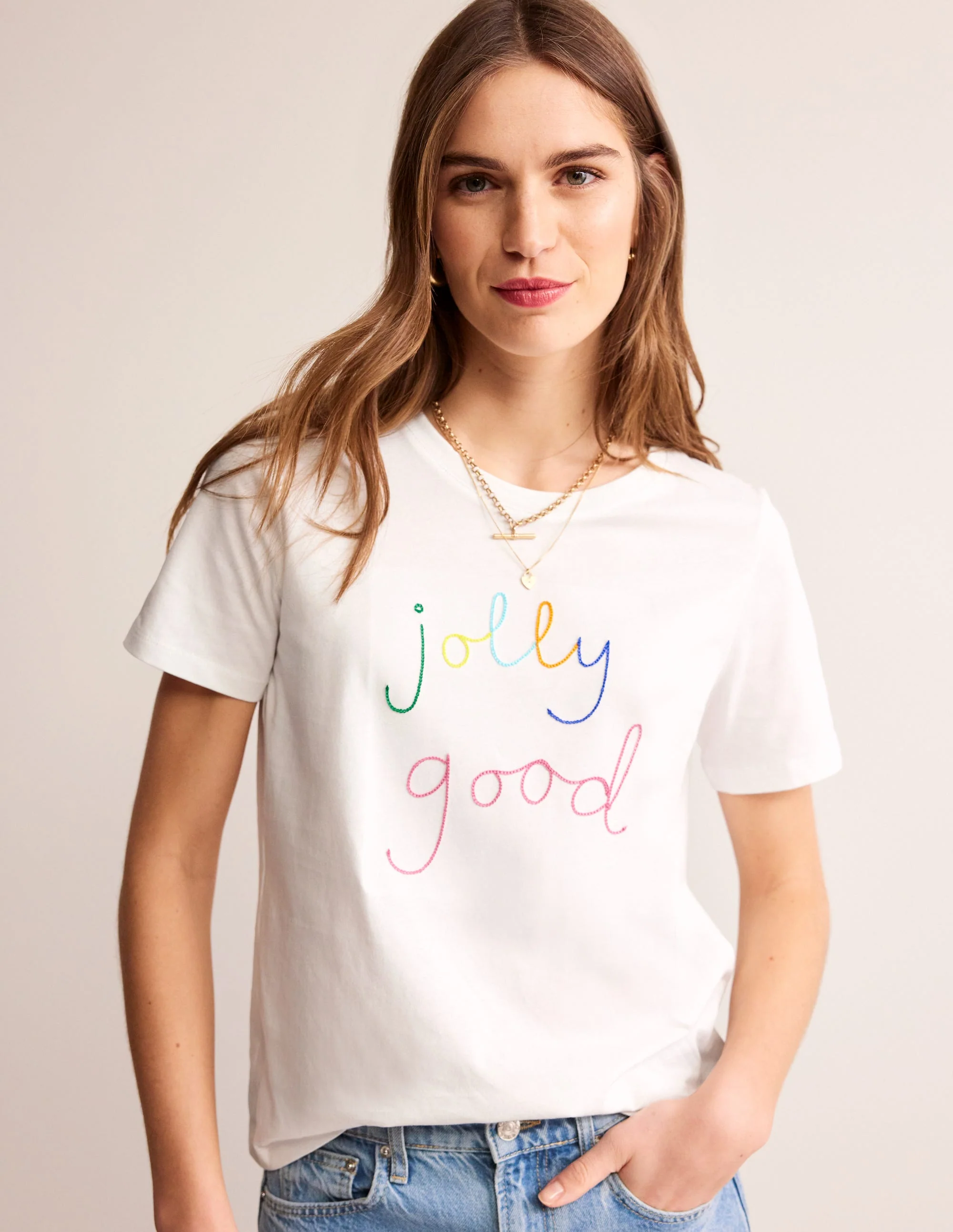 Rosa Besticktes T-Shirt-Jolly Good-Logo - Image 4
