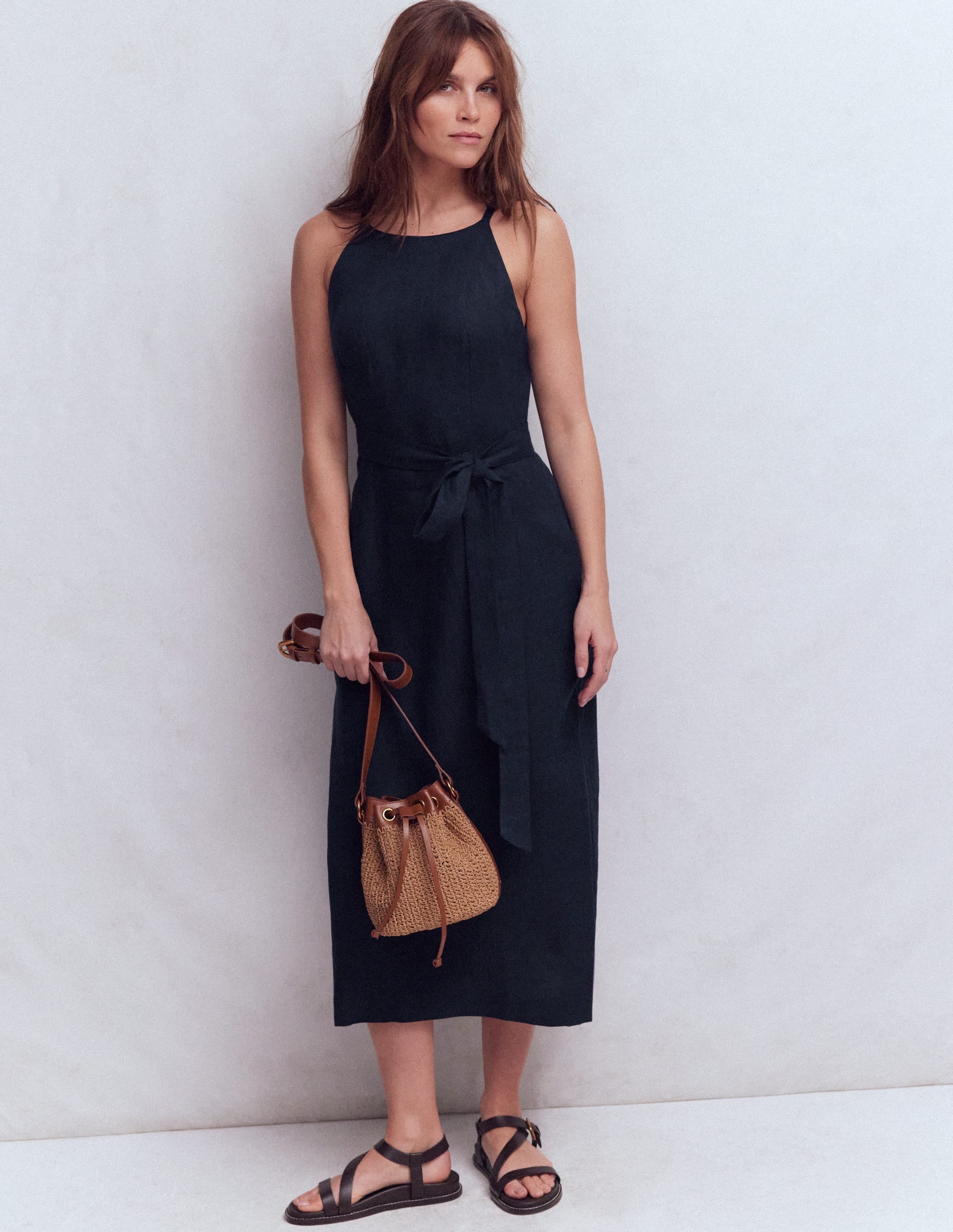 Rosa Neckholder-Midikleid aus Leinen-Marineblau
