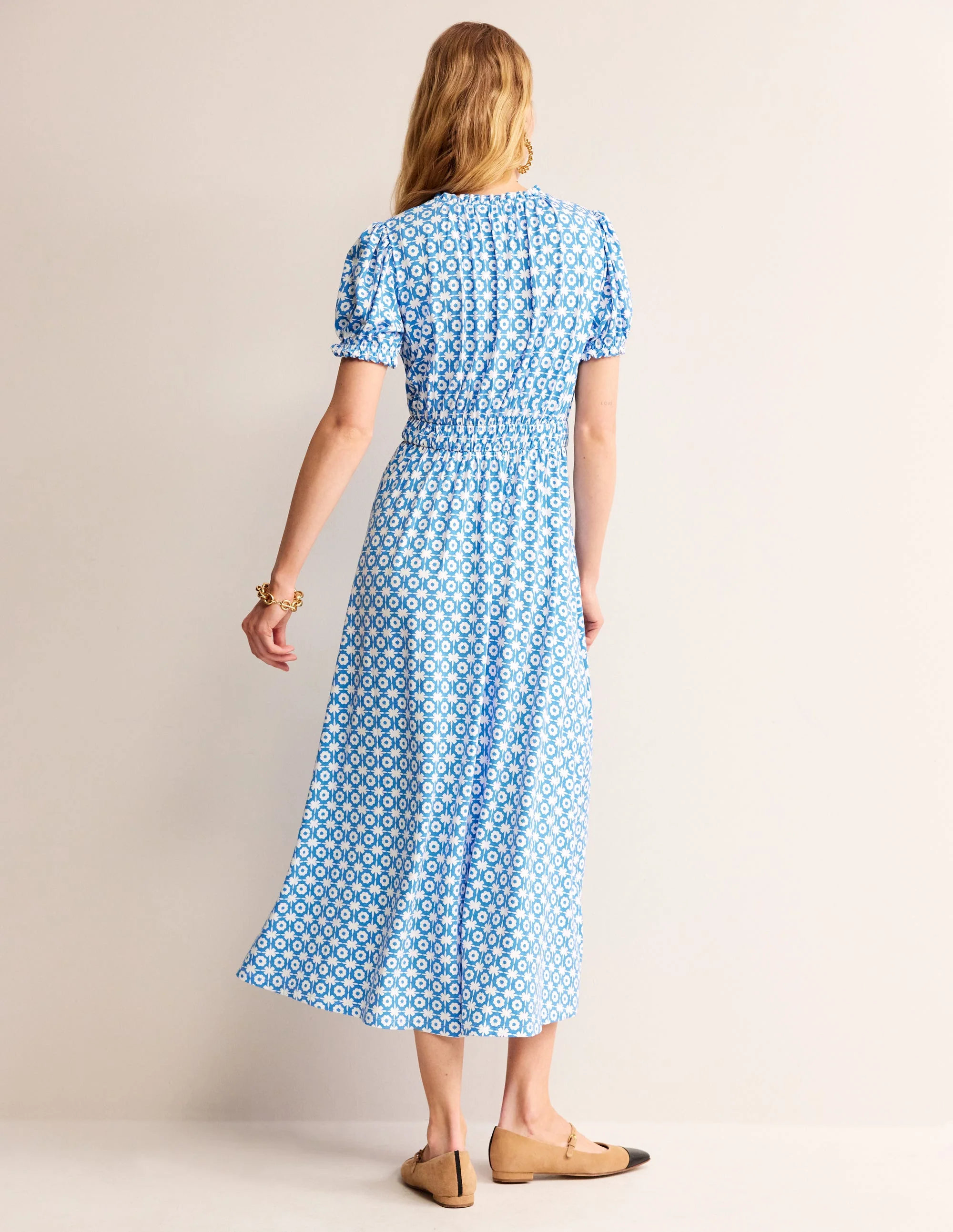 Rosanna Midi-Teekleid aus Jersey-Brillantblau, Blüten-Kachel - Image 3