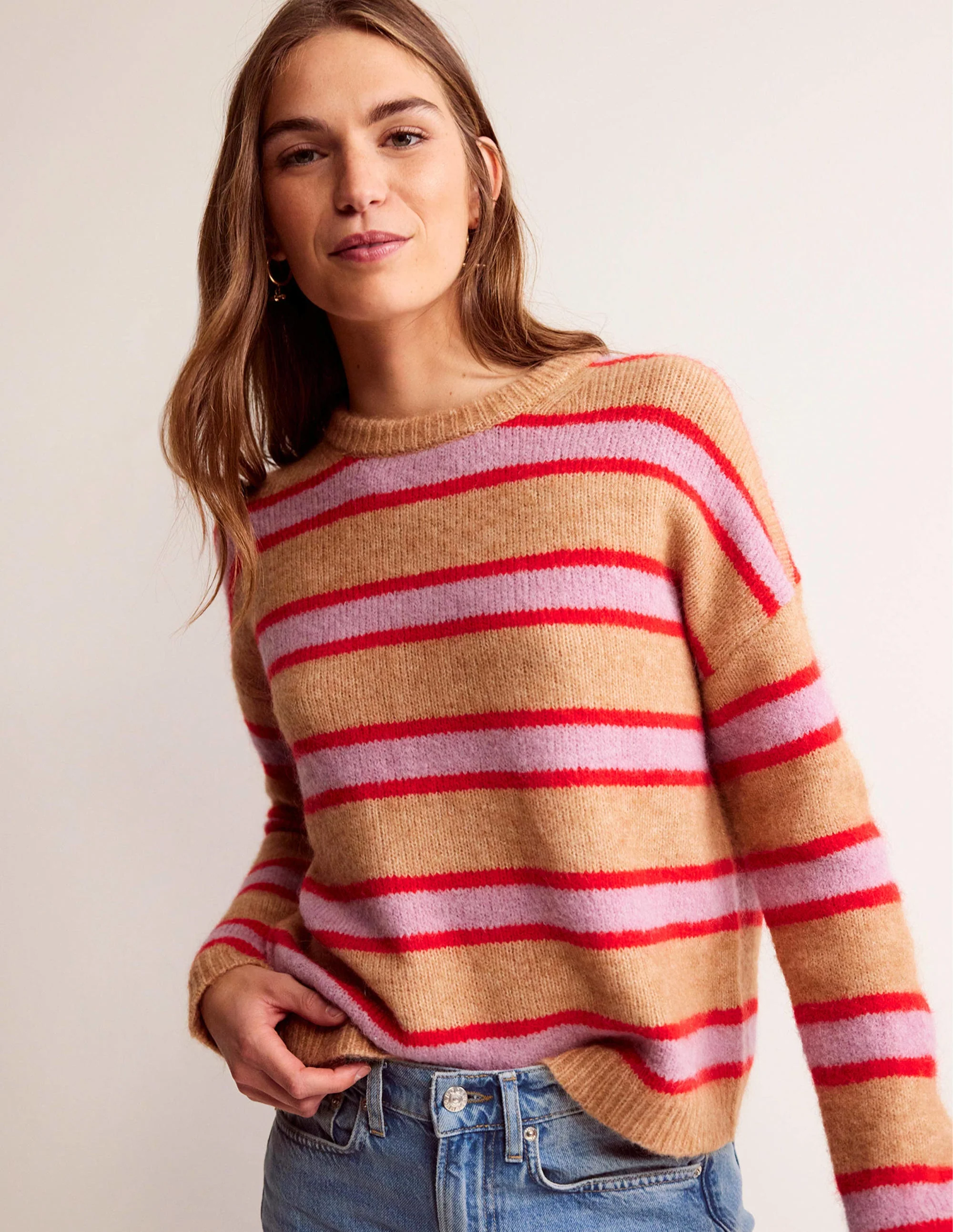 Rosemary Lockerer, flauschiger Pullover-Kamelbraun Meliert, Erdbeer-Sorbet
