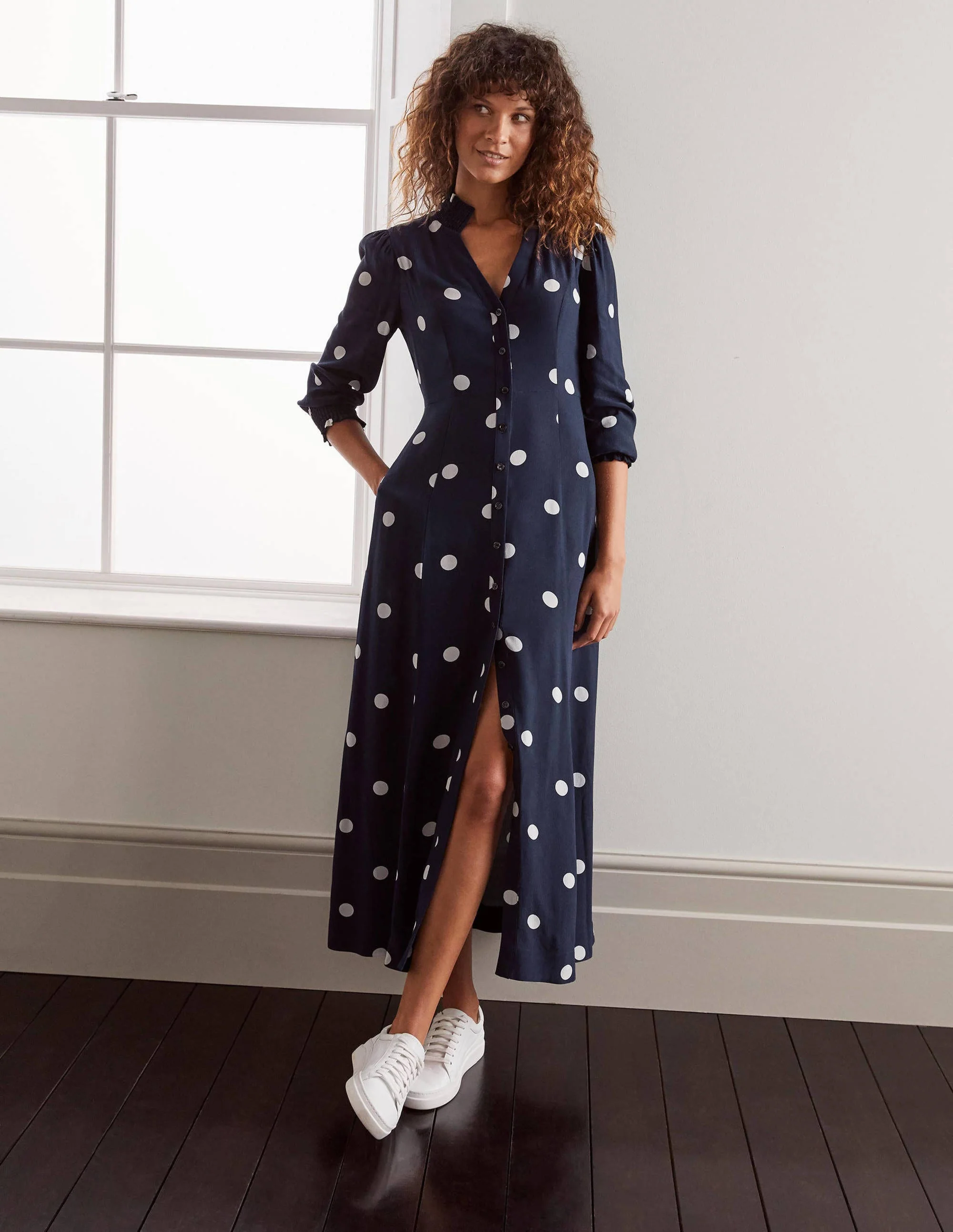 Rowan Midi-Hemdblusenkleid-Französisches Navy, Regelmäßige Große Tupfen