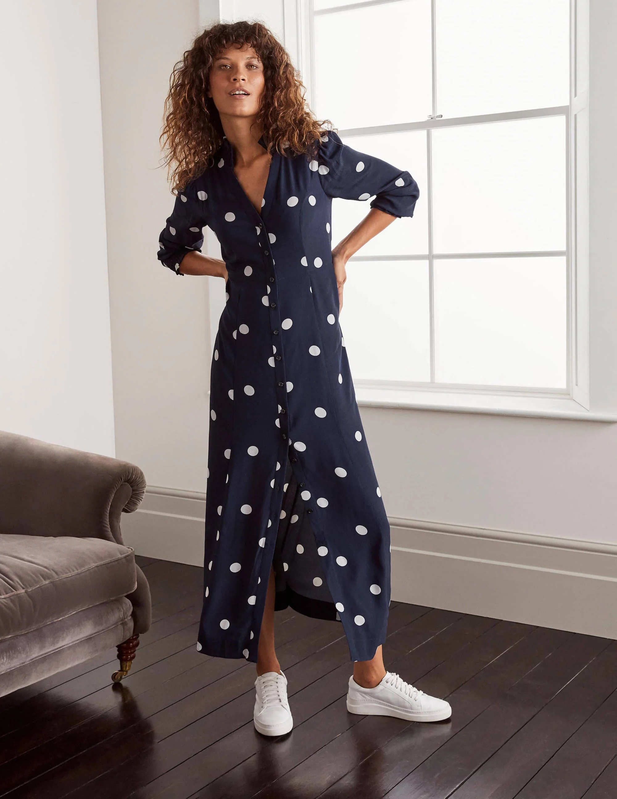 Rowan Midi-Hemdblusenkleid-Französisches Navy, Regelmäßige Große Tupfen - Image 4