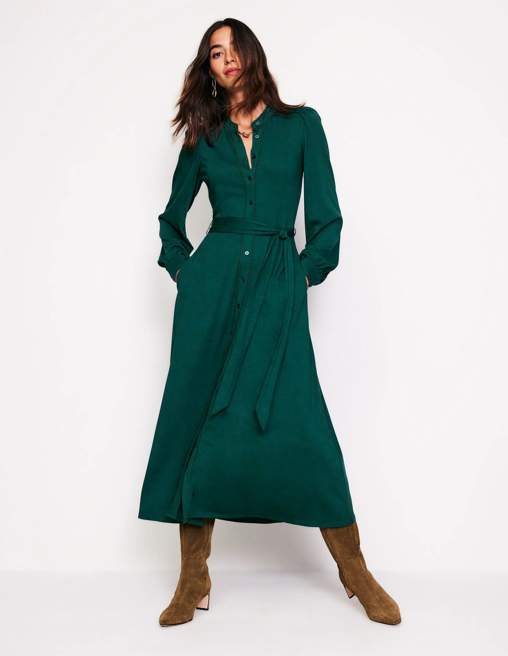 Rowena Jersey-Hemdblusenkleid mit Besatz-Grün - Image 2