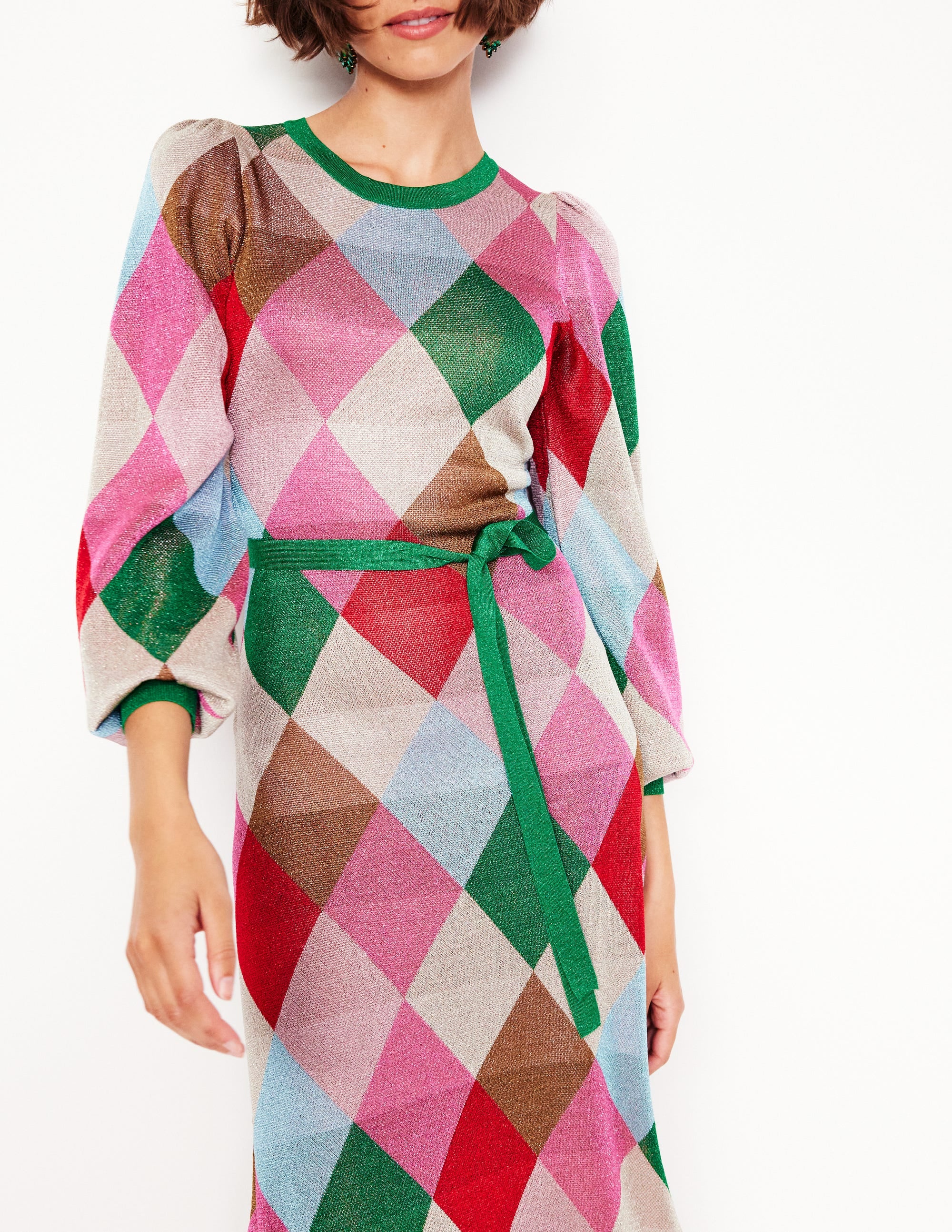 Rundhals-Jacquardkleid in Metallic-Optik-Bunt, Argyle - Image 2
