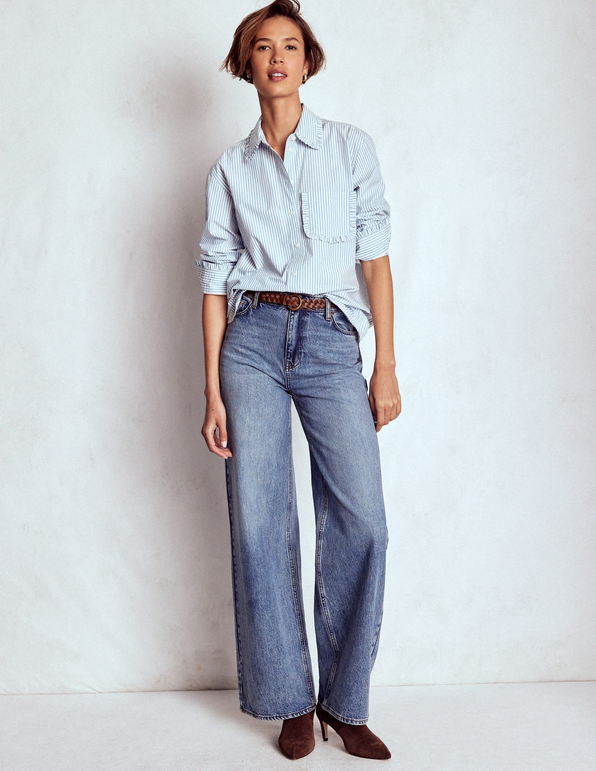 Sadie Lockeres Baumwollhemd-Verwaschener Denim und Naturweiß Streifen