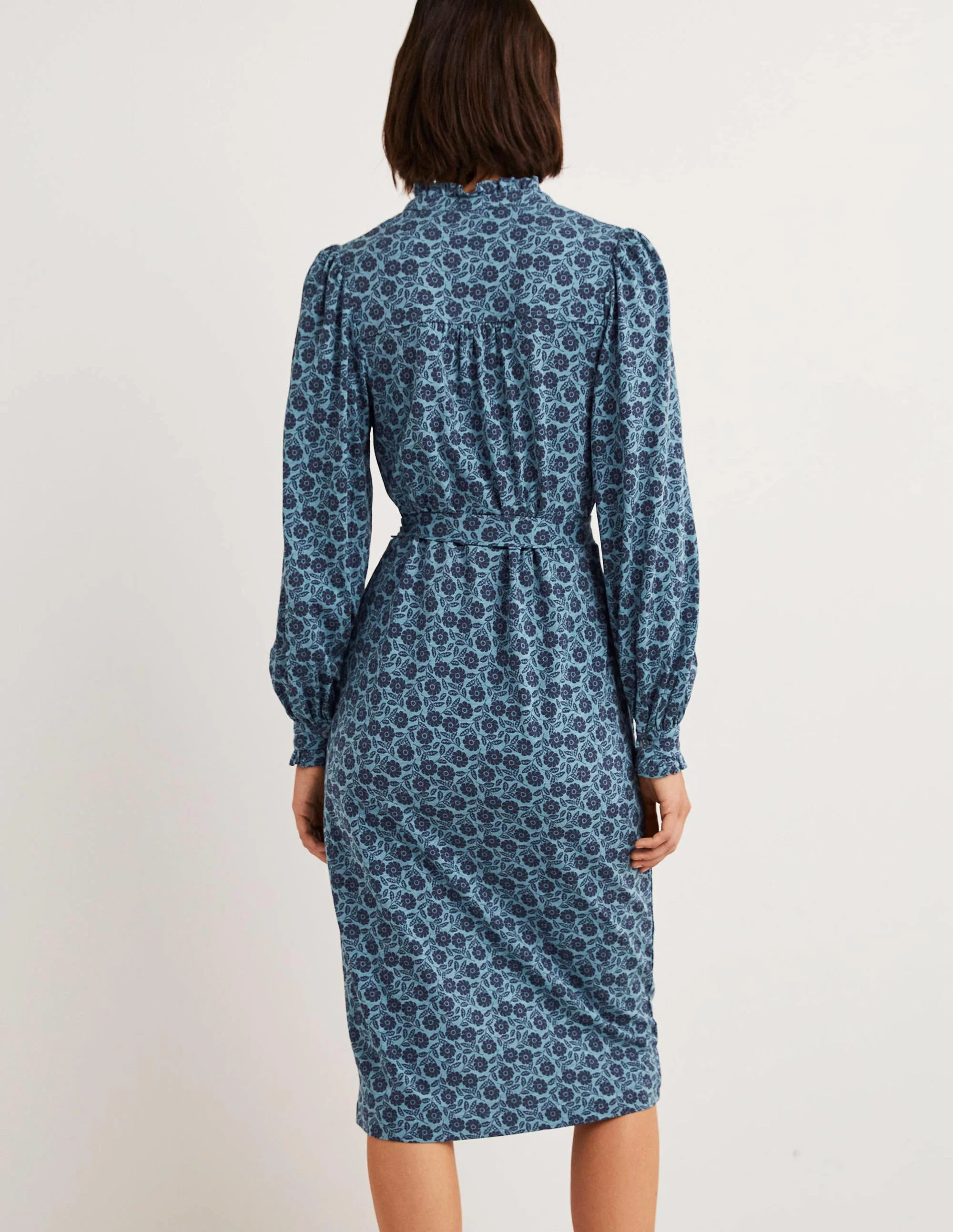 Säulen-Midi-Hemdblusenkleid aus Jersey-Mittelblau, Botanisches Muster - Image 3