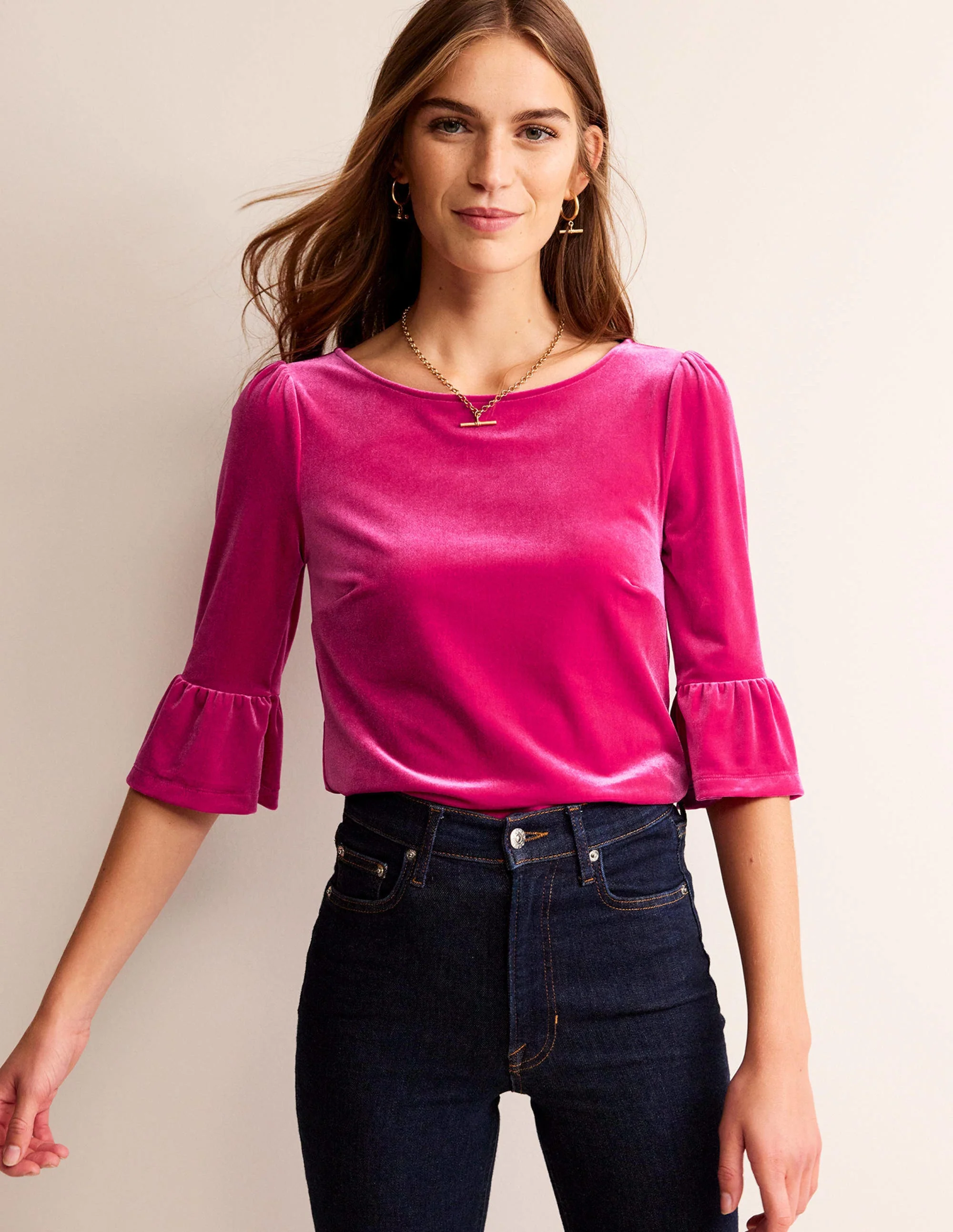 Samt-Oberteil mit Rüschen an den Bündchen-Kräftiges Rosa - Image 4