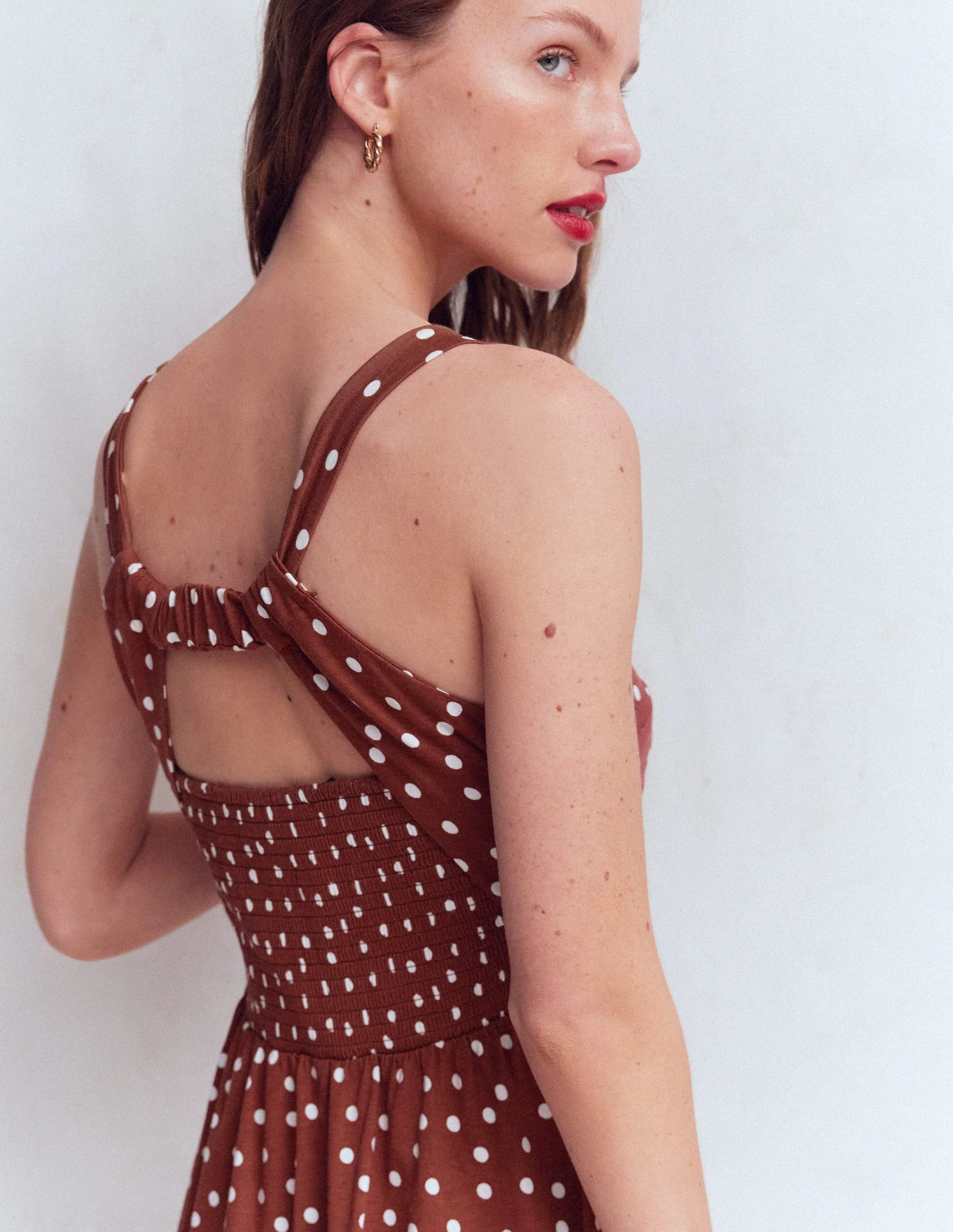 Saoirse Gesmoktes Jerseykleid-Rostbraun, Gemalte Tupfen - Image 2