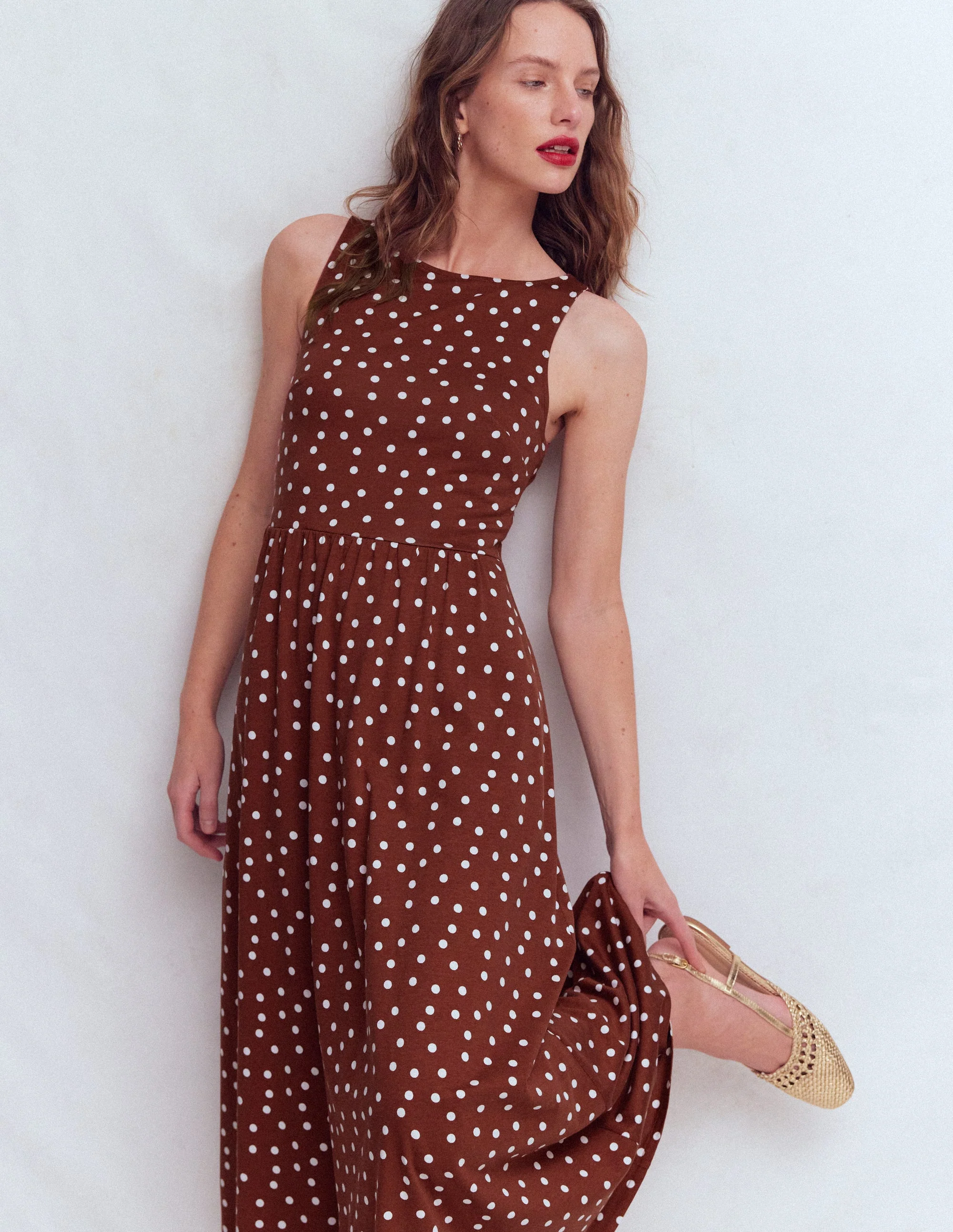 Saoirse Gesmoktes Jerseykleid-Rostbraun, Gemalte Tupfen - Image 4