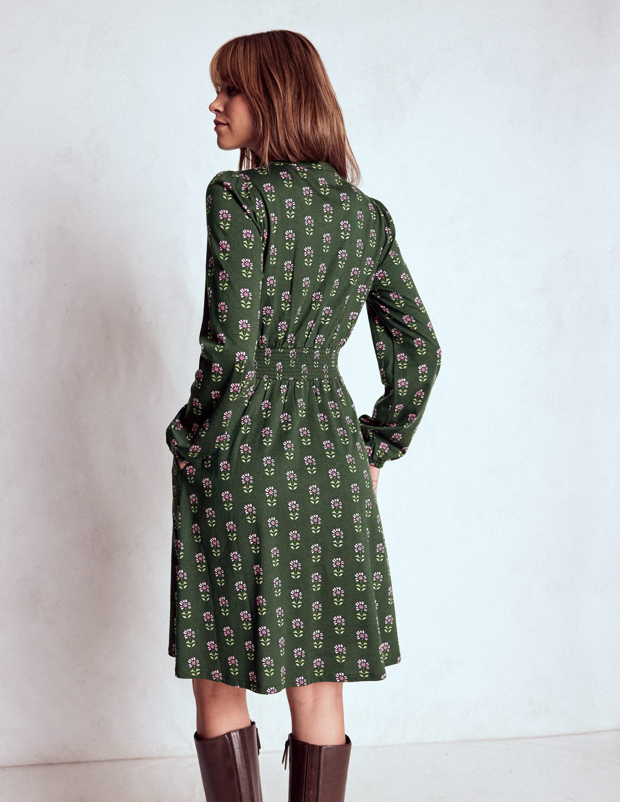 Sarah Kurzes Jerseykleid-Wintermoos, Holzblock Blumenmuster - Image 5