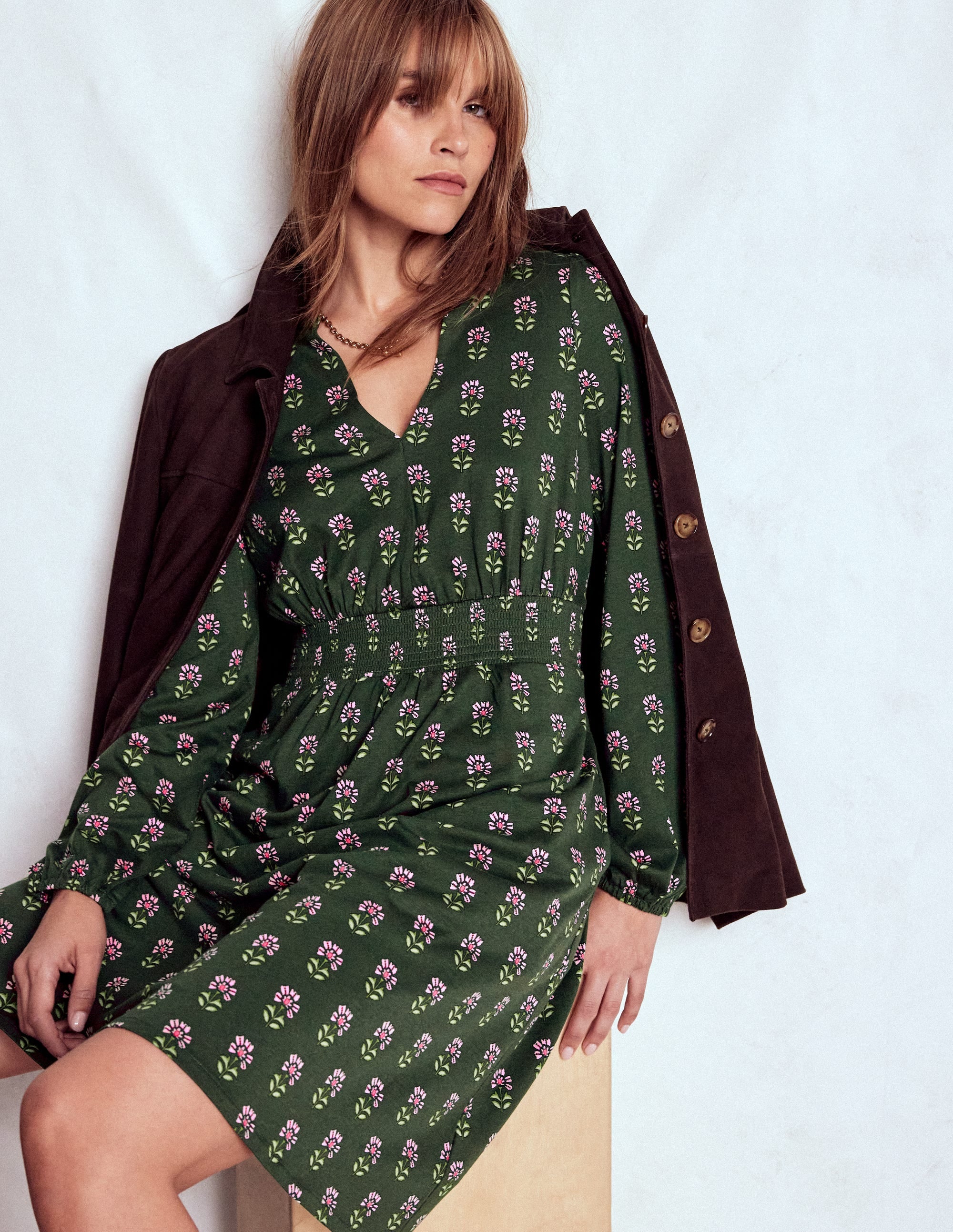 Sarah Kurzes Jerseykleid-Wintermoos, Holzblock Blumenmuster - Image 6