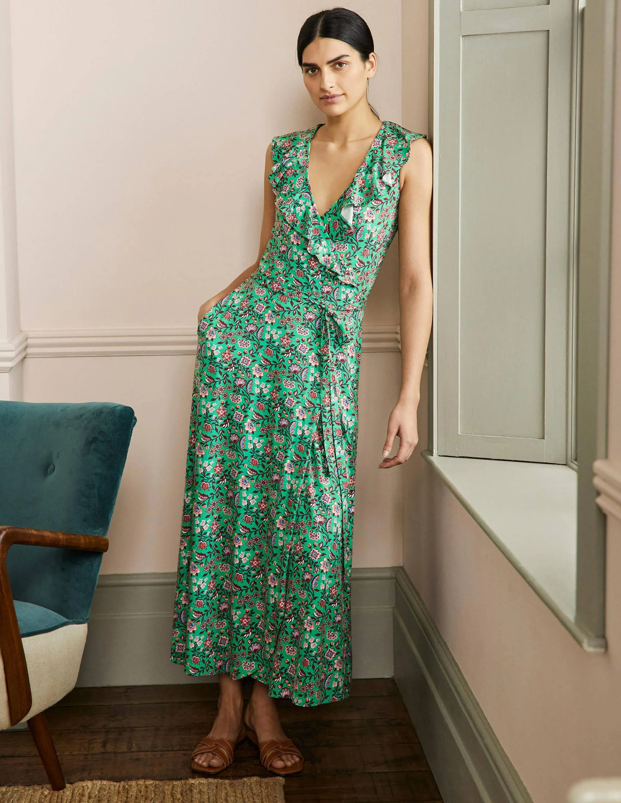 Saskia Maxi-Wickelkleid aus Jersey-Grüne Lagune, Orientalische Wiese